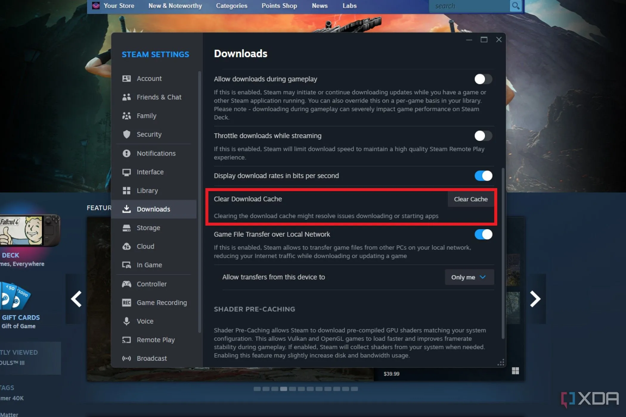 Cài đặt tải xuống Steam với tùy chọn "Xóa Bộ Nhớ Đệm Tải Xuống" được tô sáng