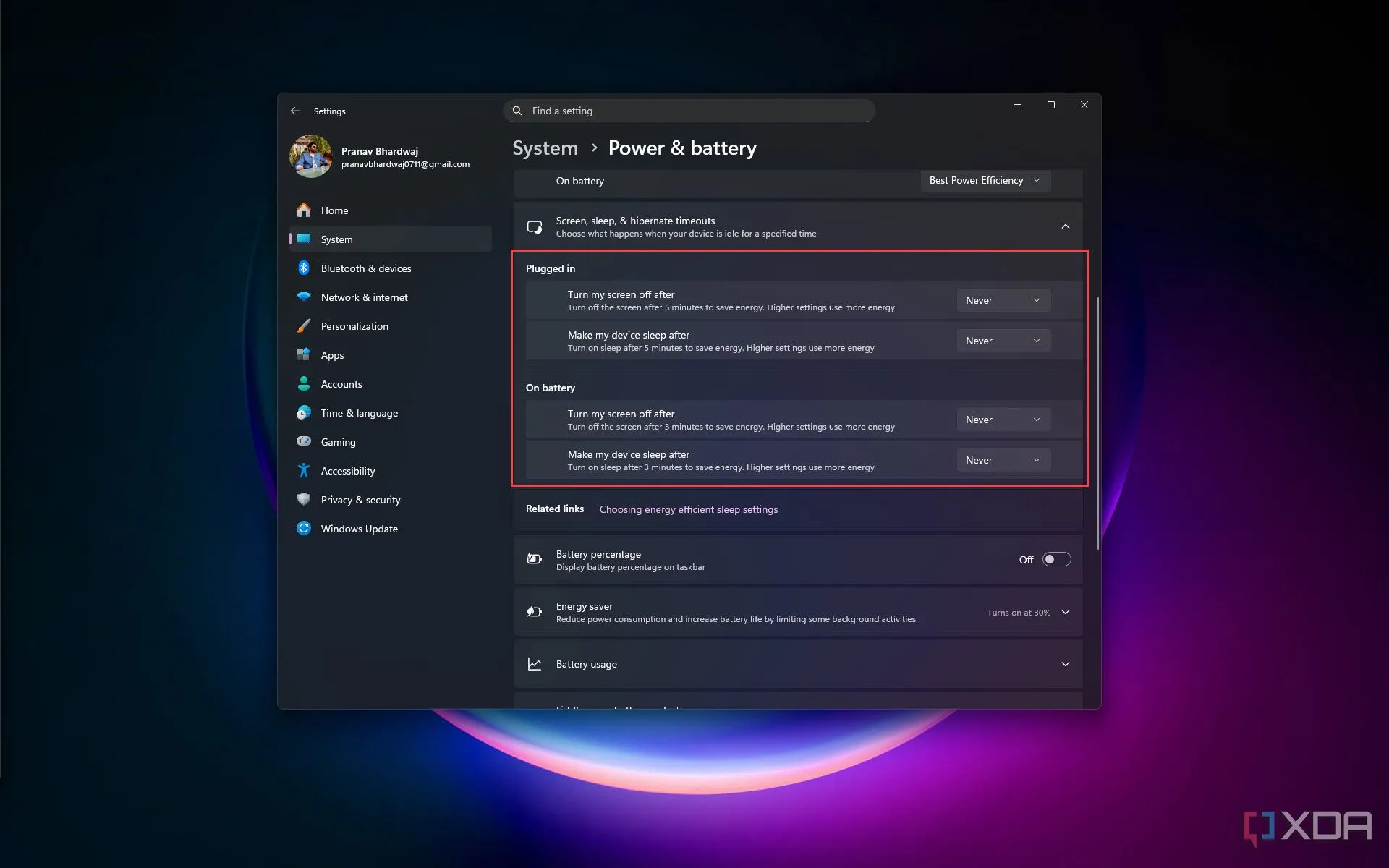 Cài đặt thời gian tắt màn hình và chế độ ngủ trên Windows 11