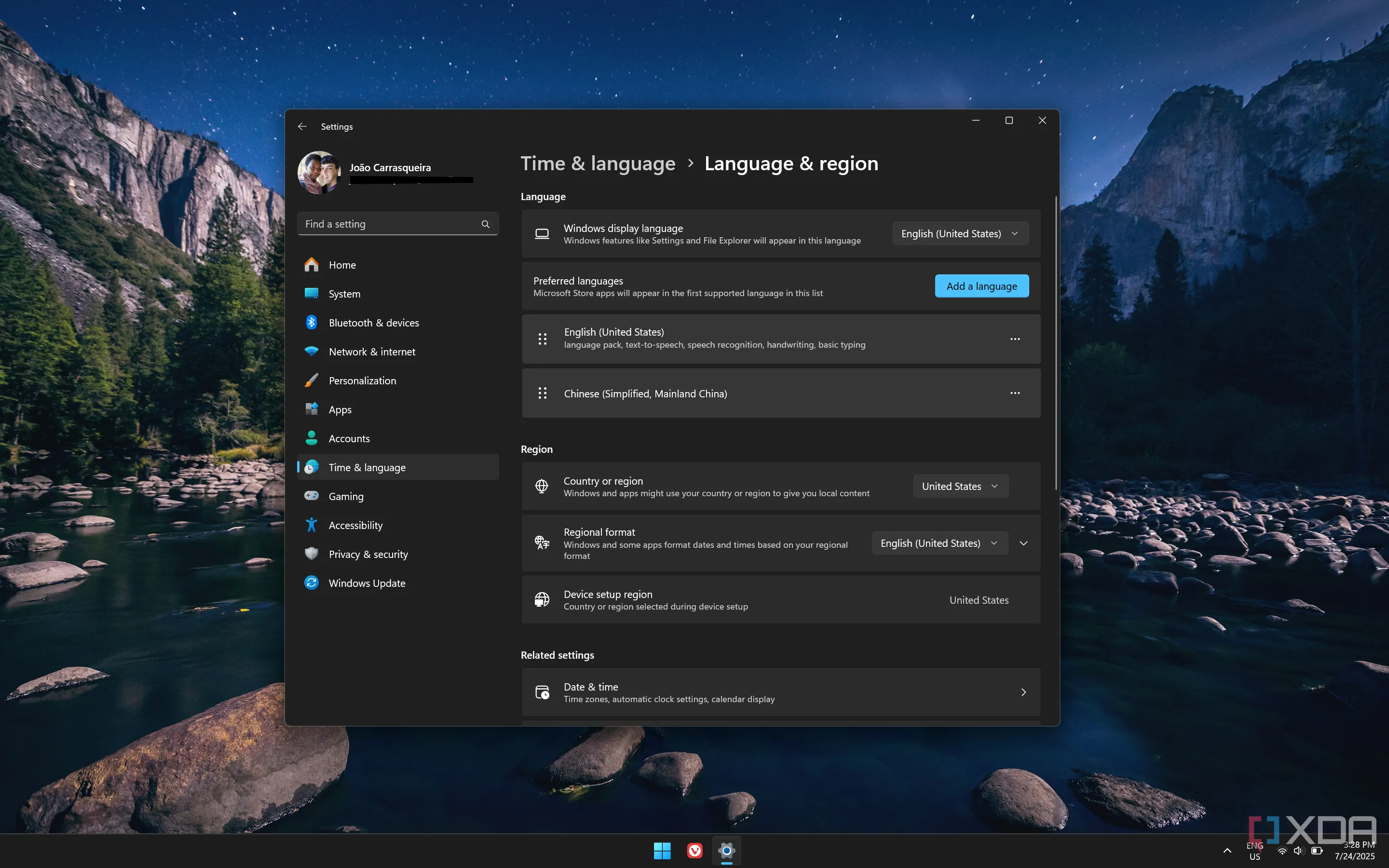 Cài đặt vùng Windows 11 hiển thị vùng cài đặt thiết bị đang là Hoa Kỳ