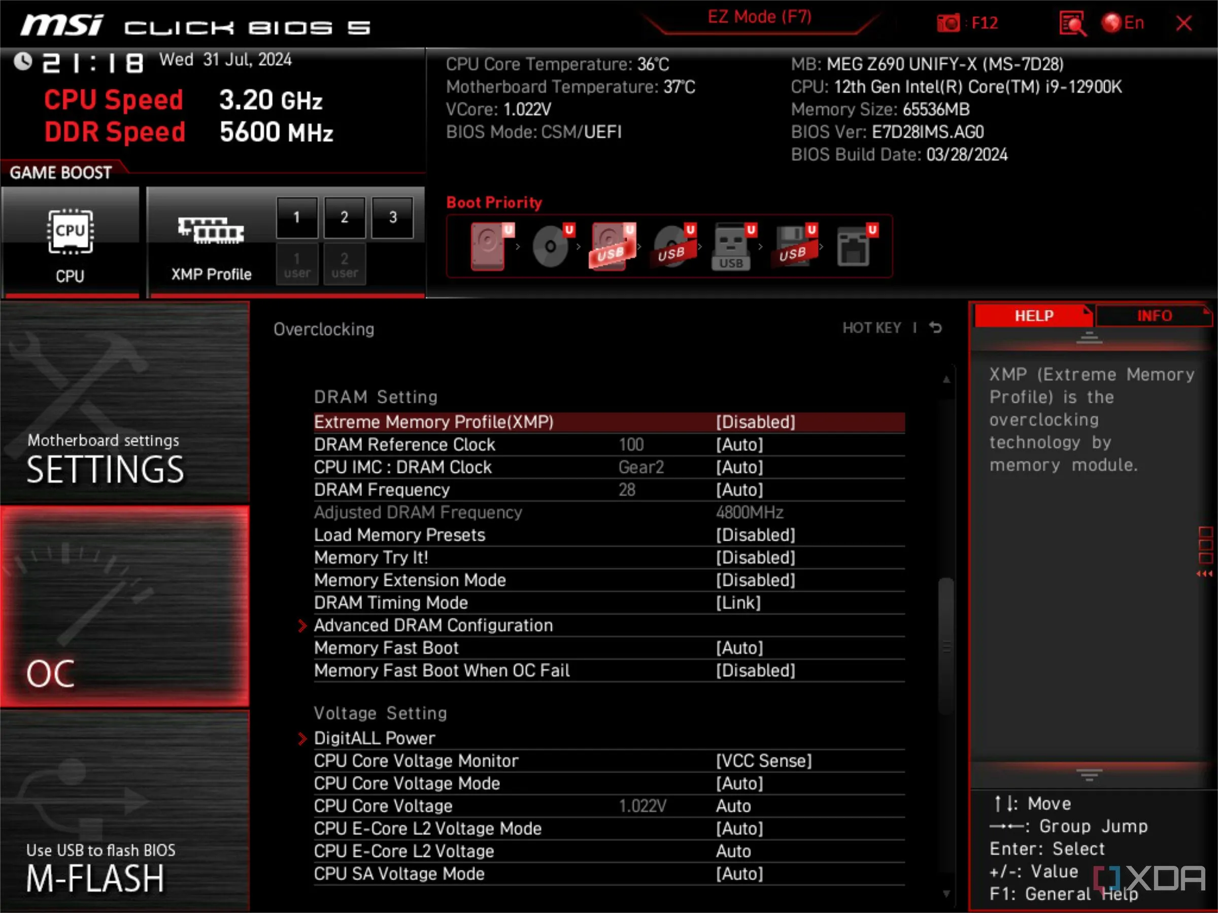Cài đặt XMP bị vô hiệu hóa trong giao diện BIOS UEFI của bo mạch chủ MSI
