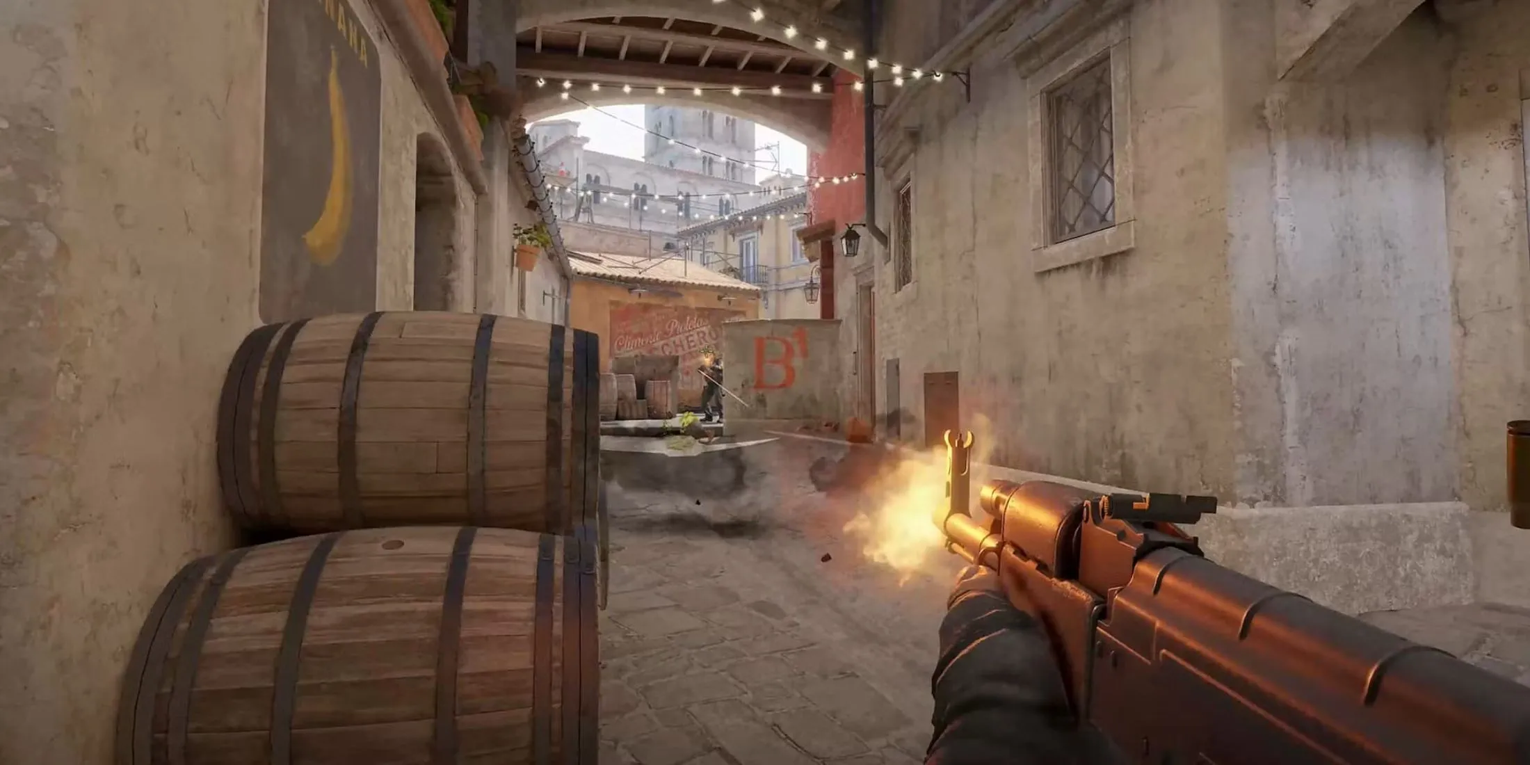 Cận cảnh khẩu súng AK-47 trong Counter-Strike 2, cho thấy chi tiết đồ họa và yêu cầu cấu hình không quá cao của trò chơi.