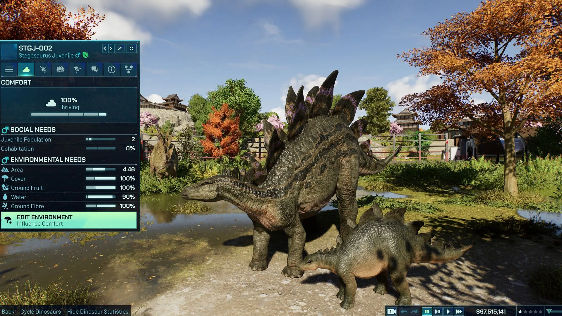 Cận cảnh khủng long ăn cỏ trong một khu vực chuồng trại rộng lớn của Jurassic World Evolution 3