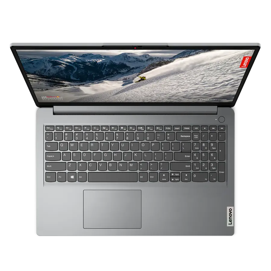 Cận cảnh mặt sau của laptop Lenovo IdeaPad 1i màu xám Storm Grey khi mở nắp, cho thấy thiết kế mỏng nhẹ