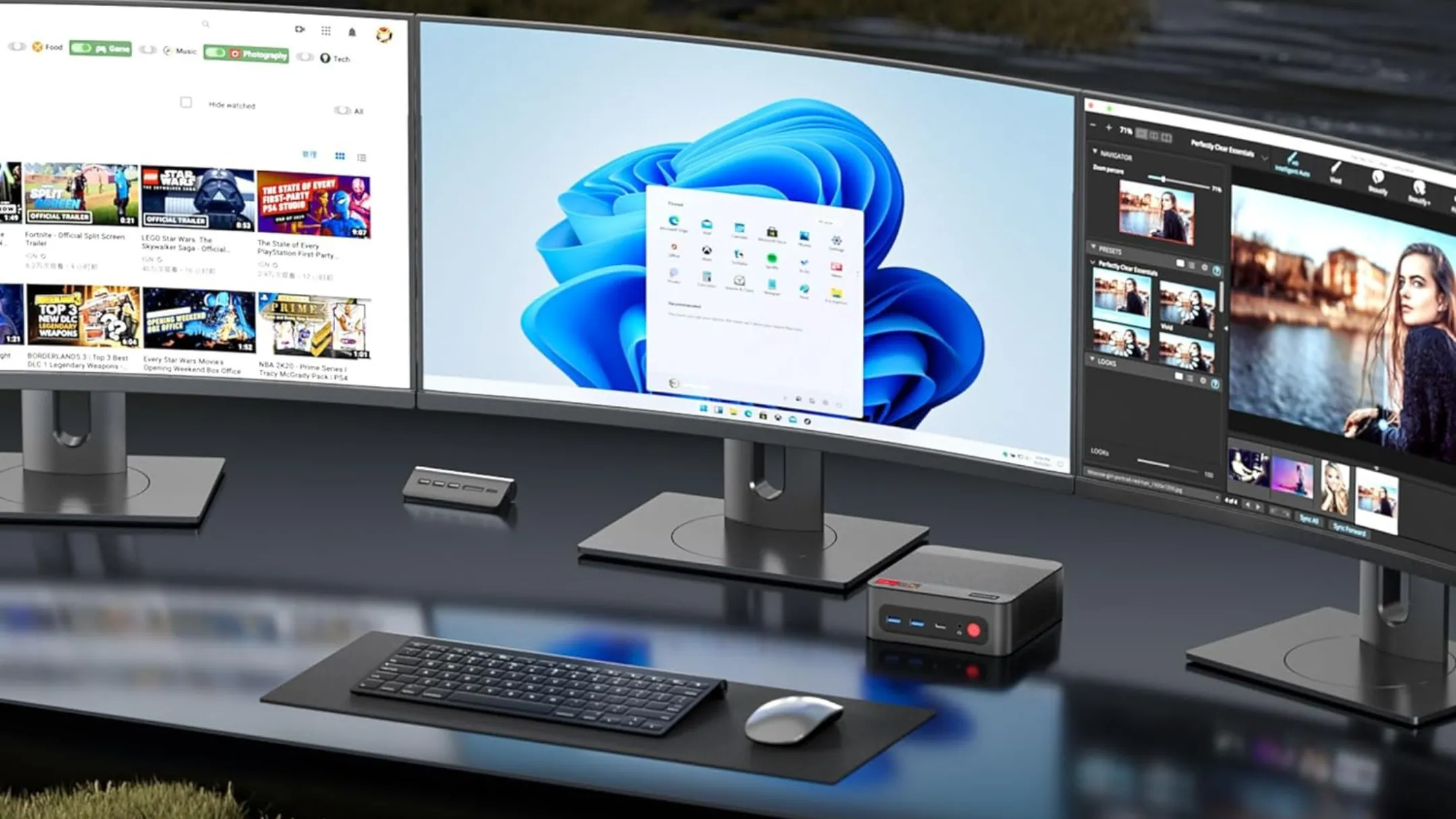 Cận cảnh mặt sau của Mini PC BOSGAME P4 hiển thị các cổng kết nối đa dạng như USB, HDMI, DisplayPort và cổng mạng Ethernet, nhấn mạnh khả năng kết nối linh hoạt