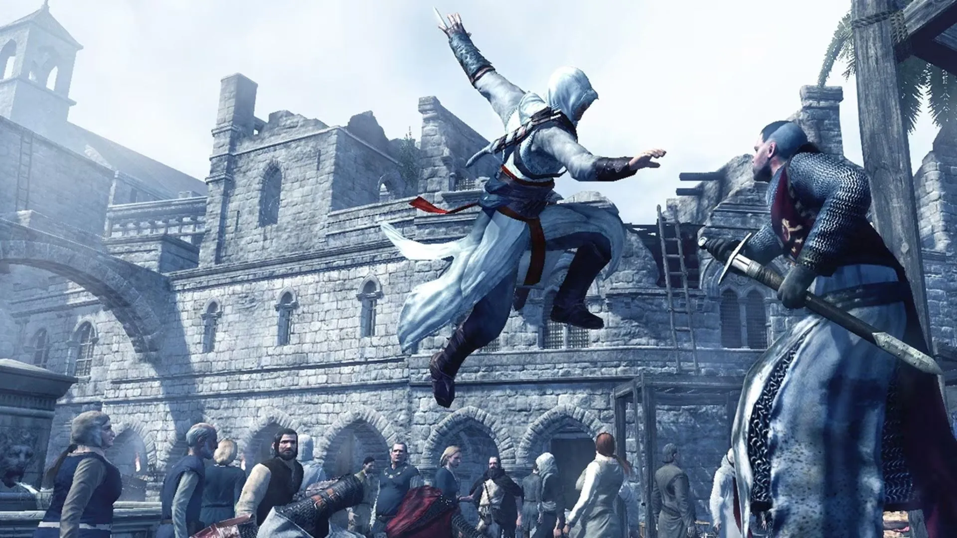 Cảnh Altair trên mái nhà thành phố, thể hiện tự do di chuyển trong Assassin's Creed