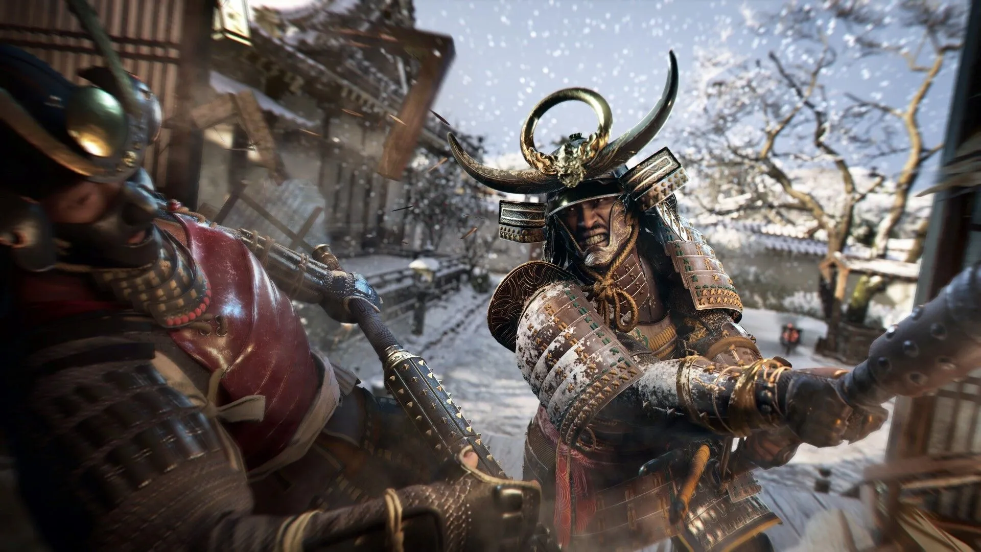 Cảnh chiến đấu trong Assassin's Creed Shadows, với nhân vật chính samurai cận chiến kẻ thù.
