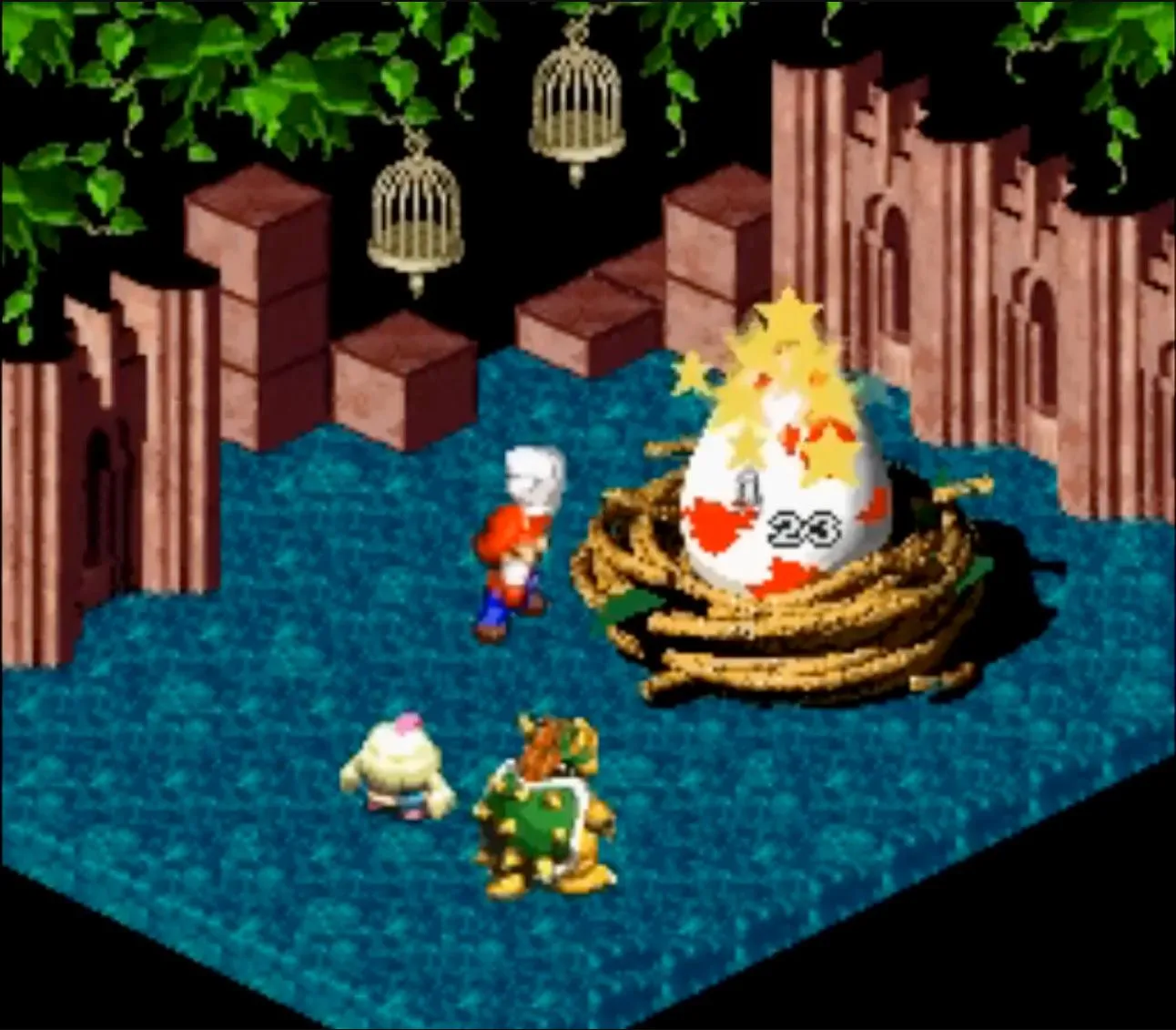 Cảnh chiến đấu trong game nhập vai Super Mario RPG, thể hiện đồ họa isometric độc đáo của SNES
