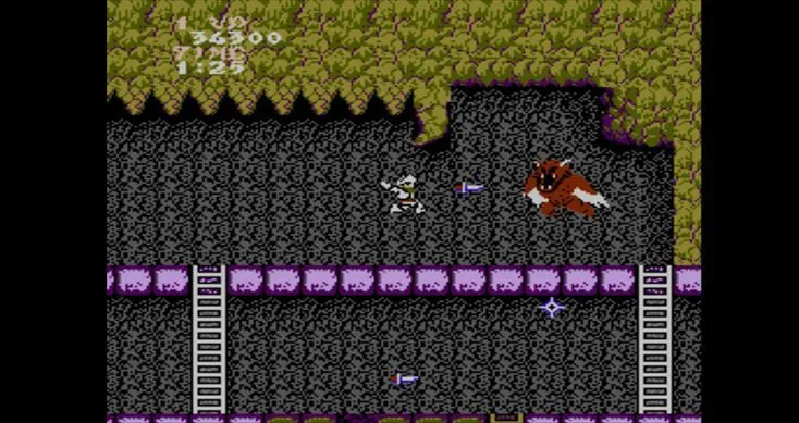 Cảnh chiến đấu trong Ghosts n Goblins với hiệp sĩ Arthur trên nền trời tối