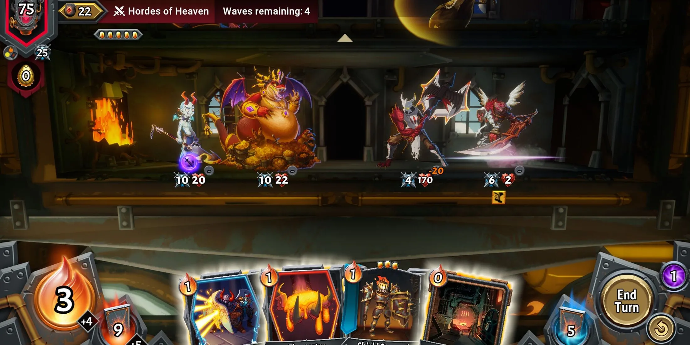Cảnh chiến đấu trong Monster Train 2 với các tầng và quái vật tấn công