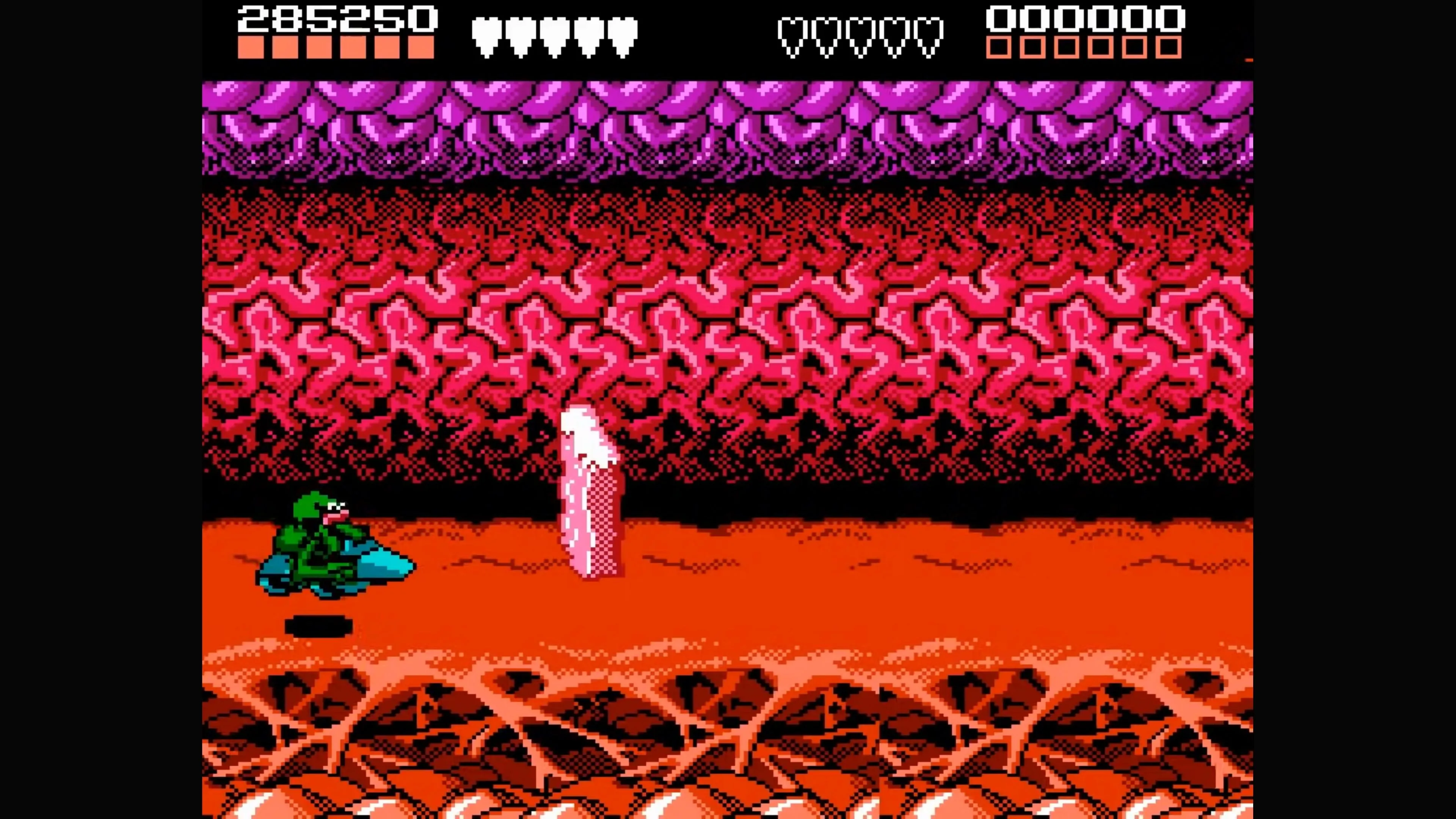 Cảnh chơi Battletoads với Rash và Zitz đang đối phó với kẻ thù trên đường cao tốc
