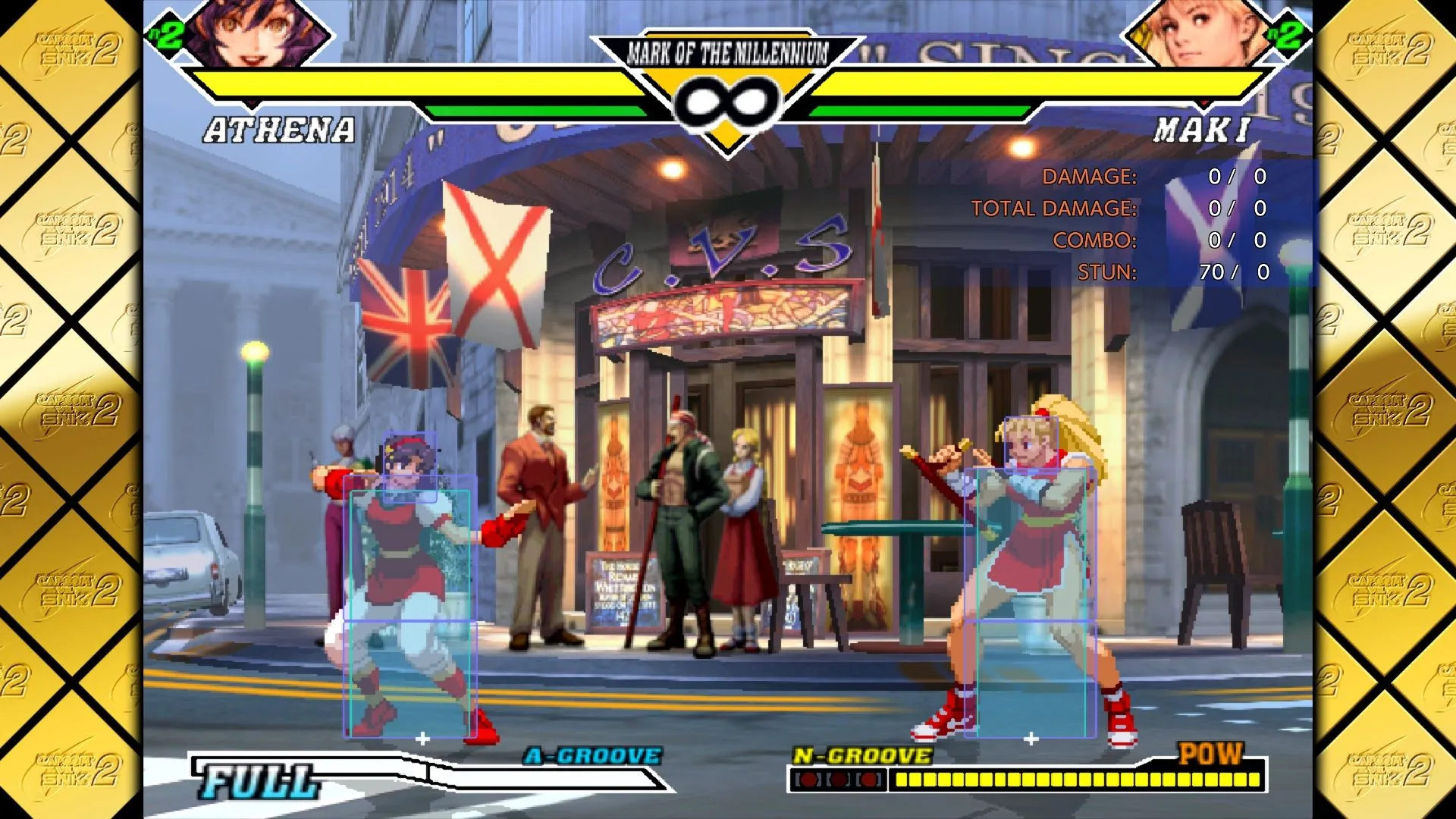 Cảnh chơi game đối kháng trong Capcom Fighting Collection 2, minh họa các hiệu ứng đòn đánh và giao diện UI.
