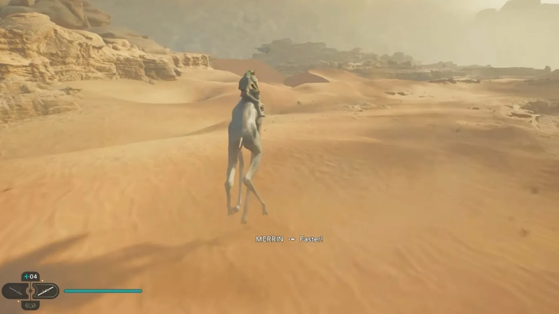 Cảnh chơi game khám phá vùng đất sa mạc khắc nghiệt của Jedha trong Star Wars Jedi: Survivor
