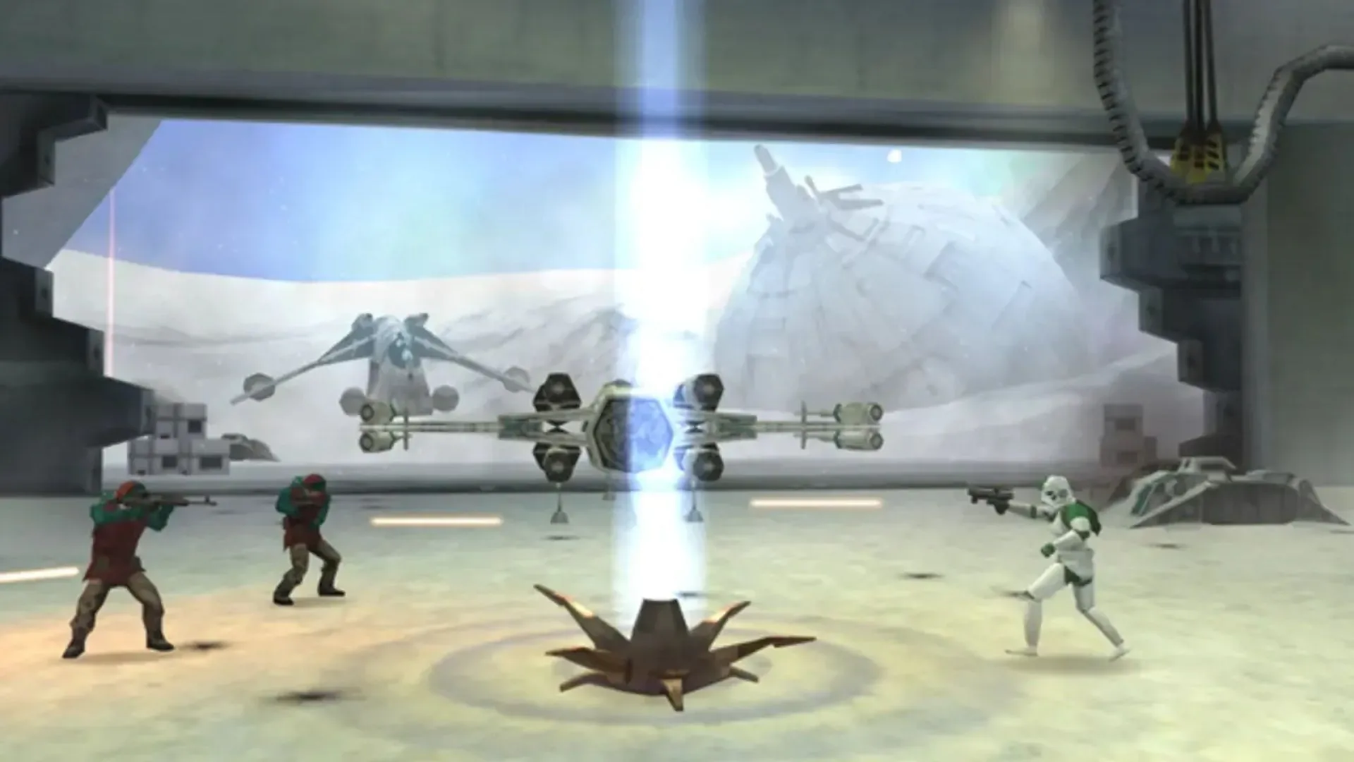 Cảnh chơi game Star Wars Battlefront Elite Squadron trên PSP, minh họa chiến trường rộng lớn với binh lính và phương tiện chiến đấu.