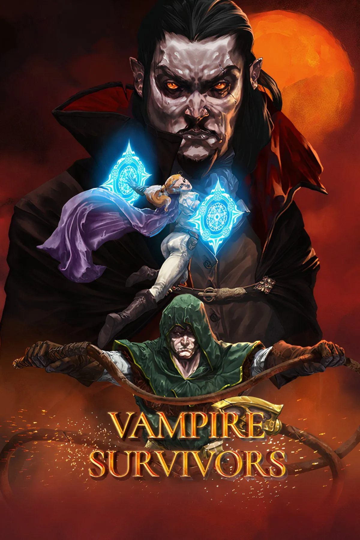 Cảnh chơi game Vampire Survivors với vô số kẻ thù và hiệu ứng vũ khí