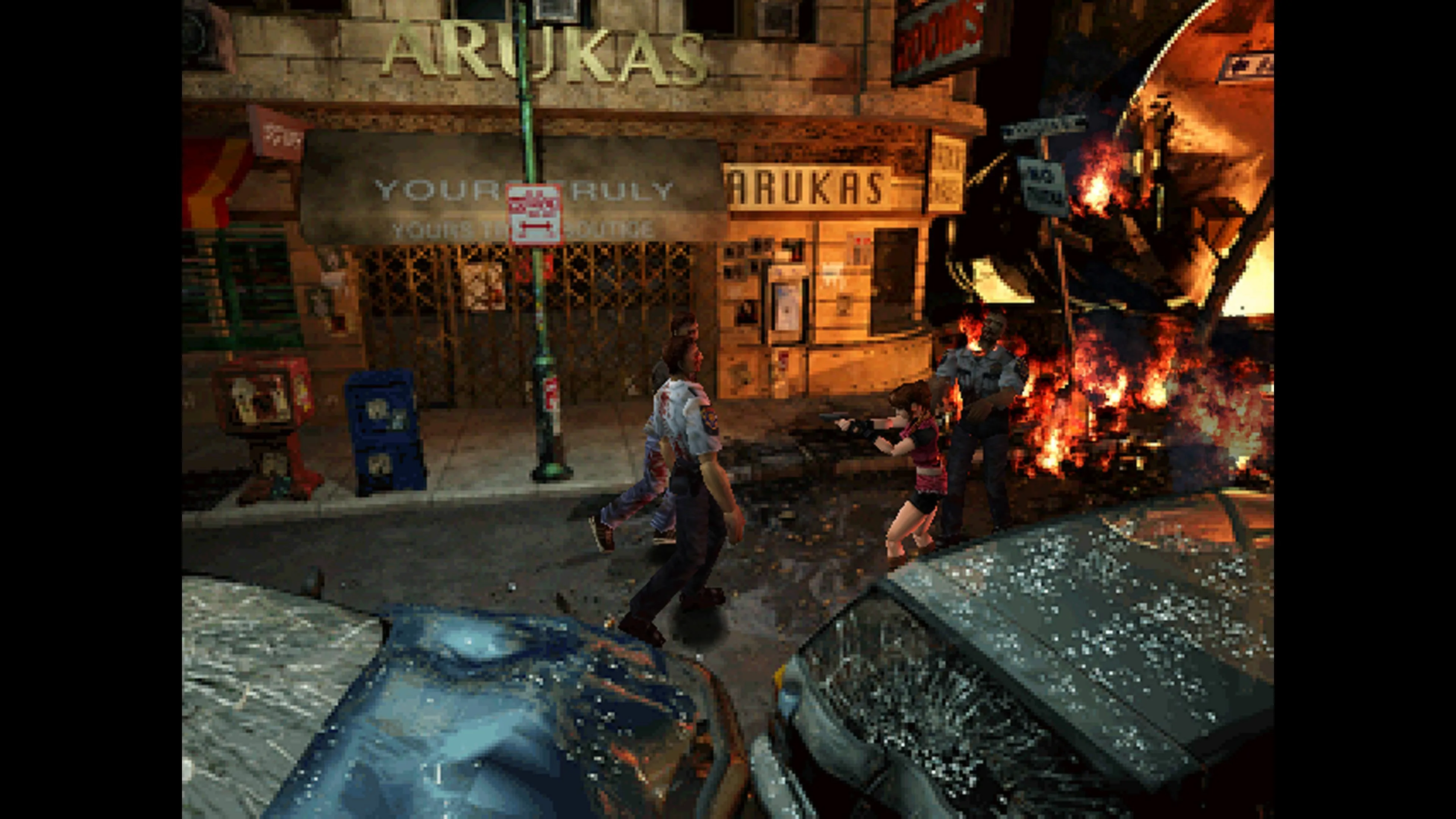 Cảnh game Resident Evil 2 cổ điển, nhân vật Claire Redfield đang chiến đấu với zombie trên đường phố bị tàn phá