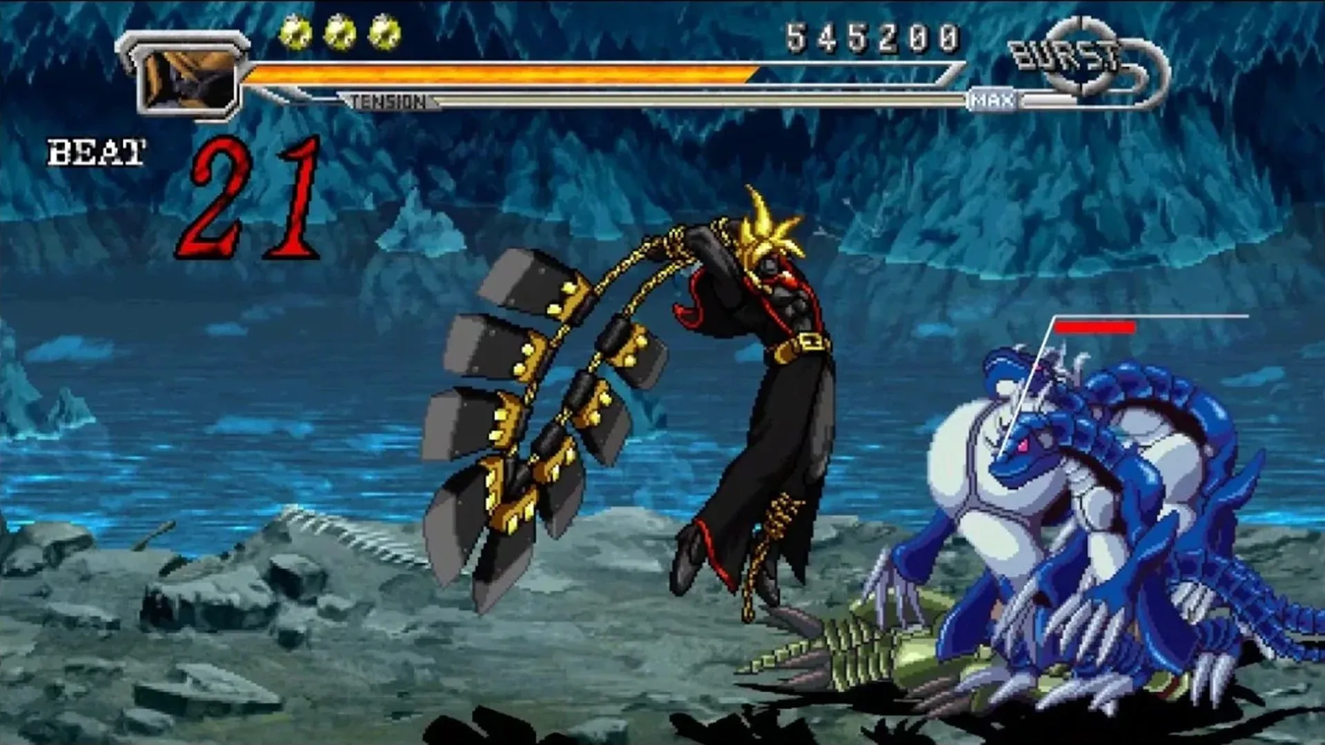 Cảnh gameplay chính từ Guilty Gear Judgement trên PSP, thể hiện lối chơi hành động đánh bại kẻ thù
