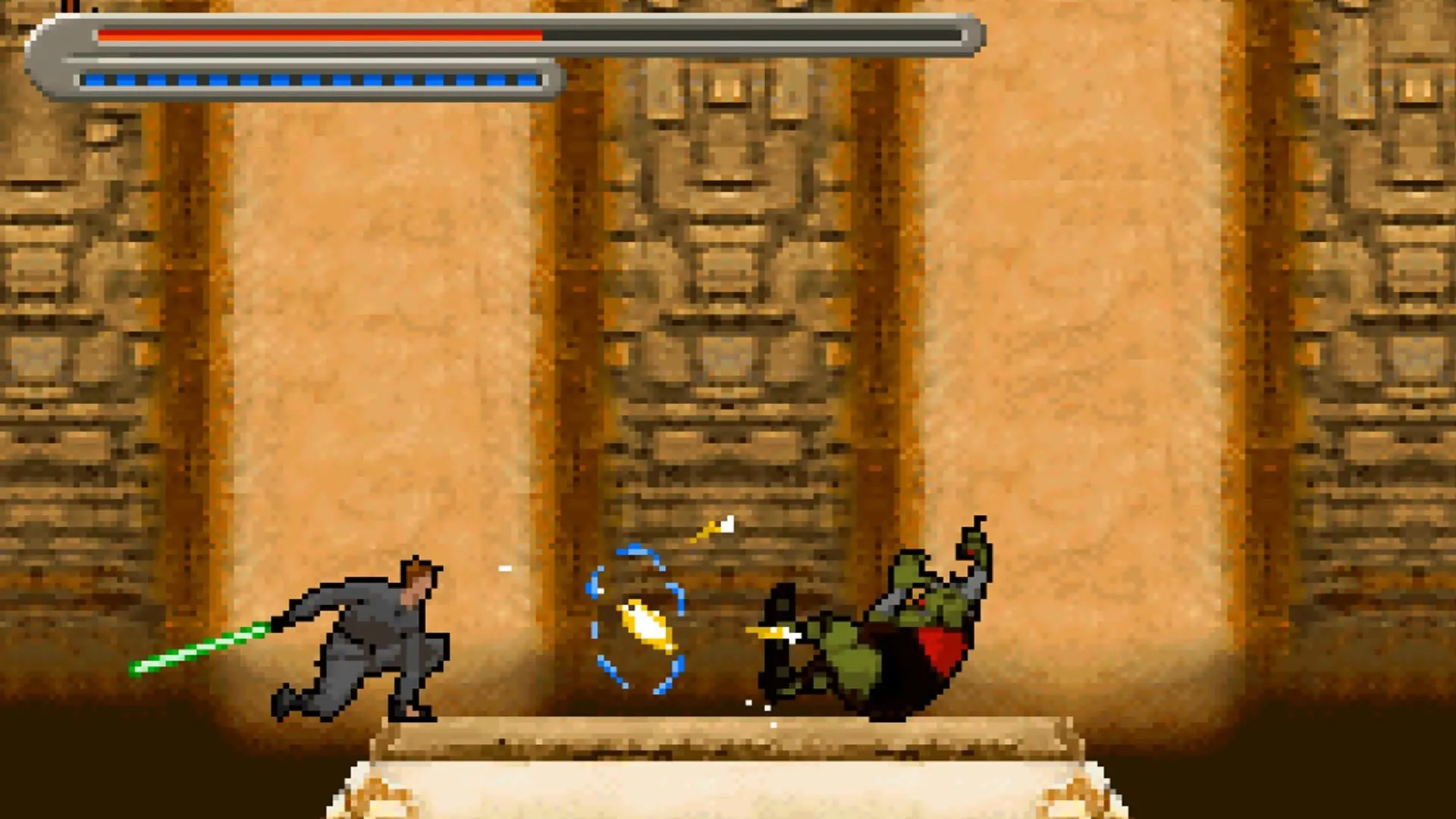 Cảnh gameplay từ Star Wars Trilogy: Apprentice of the Force trên Game Boy Advance, thể hiện sự tự do sáng tạo trong game platformer Star Wars.