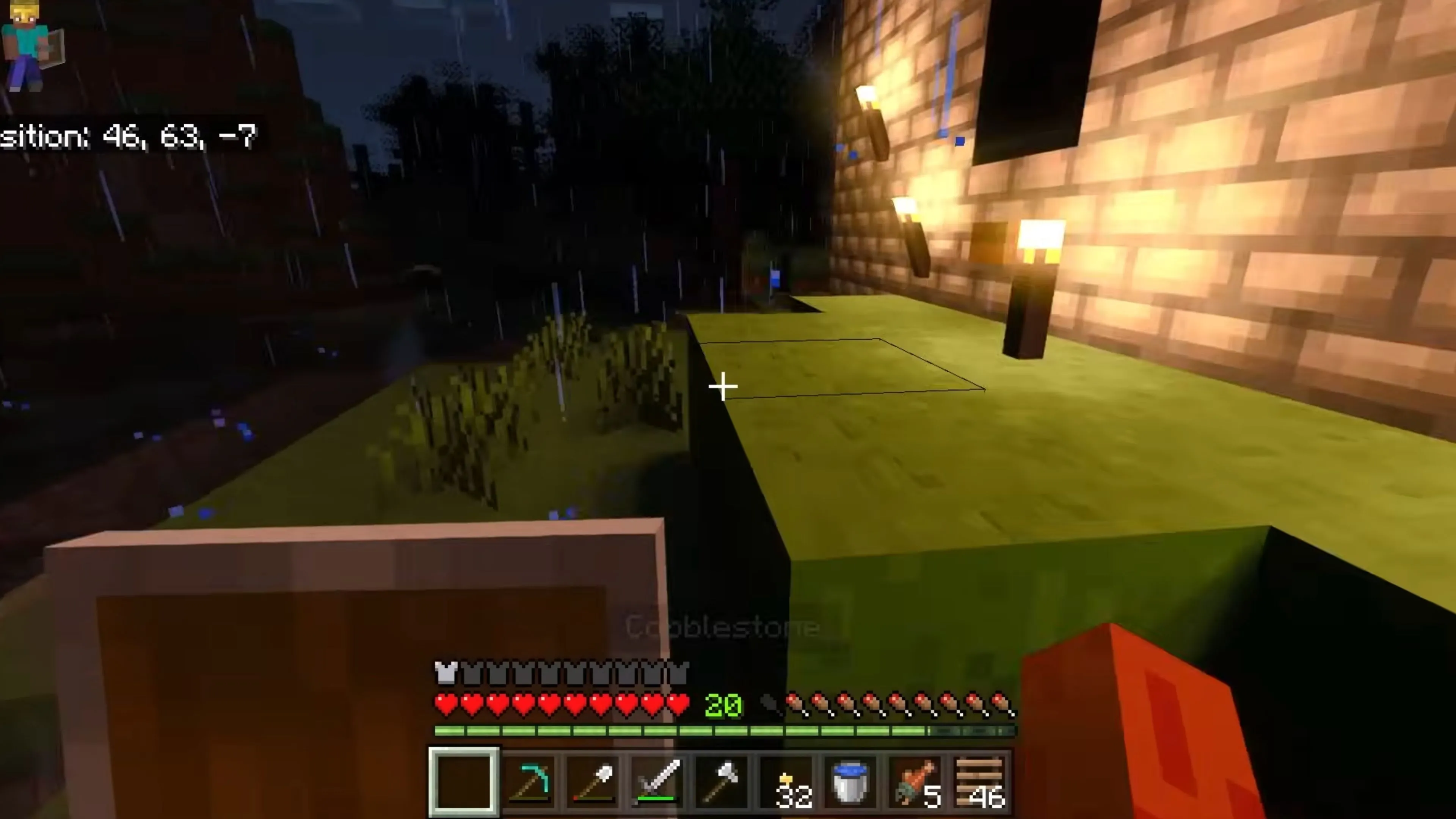 Cảnh quan game Minecraft với các khối địa hình và cây cối.