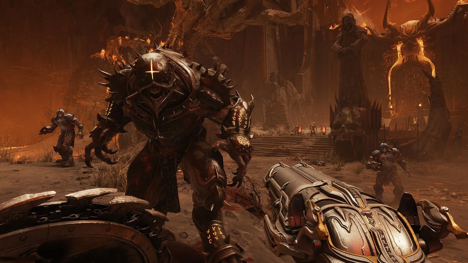 Cảnh quay Doom Slayer đang chiến đấu với quái vật trong môi trường tối tăm, đầy máu lửa.
