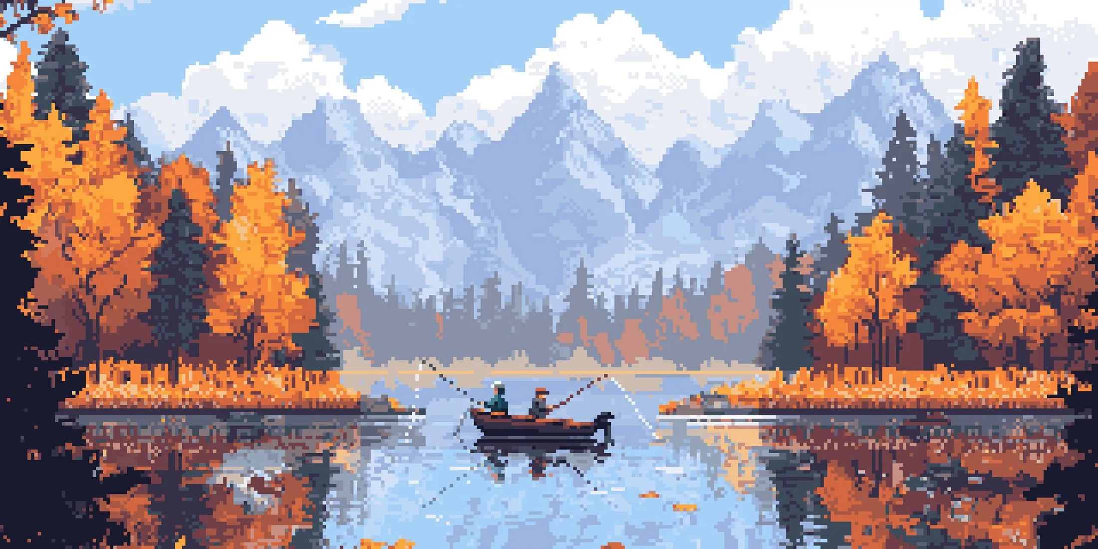 Cảnh trong game Cast n Chill, hai nhân vật pixel đang ngồi trên thuyền câu cá giữa hồ.