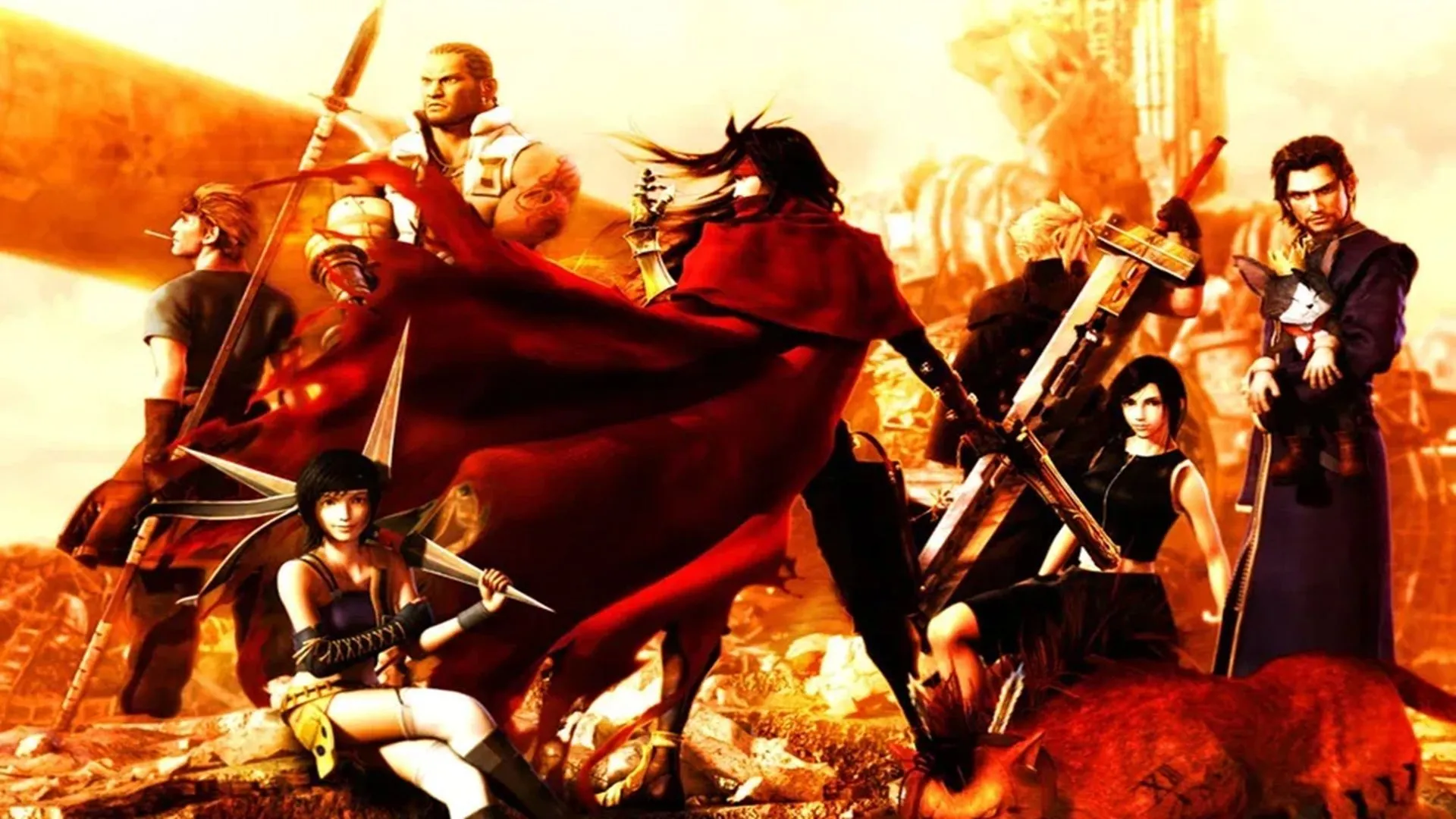 Cảnh Vincent Valentine và các anh hùng trong tựa game Dirge of Cerberus: Final Fantasy VII, một phần mở rộng của vũ trụ Final Fantasy.