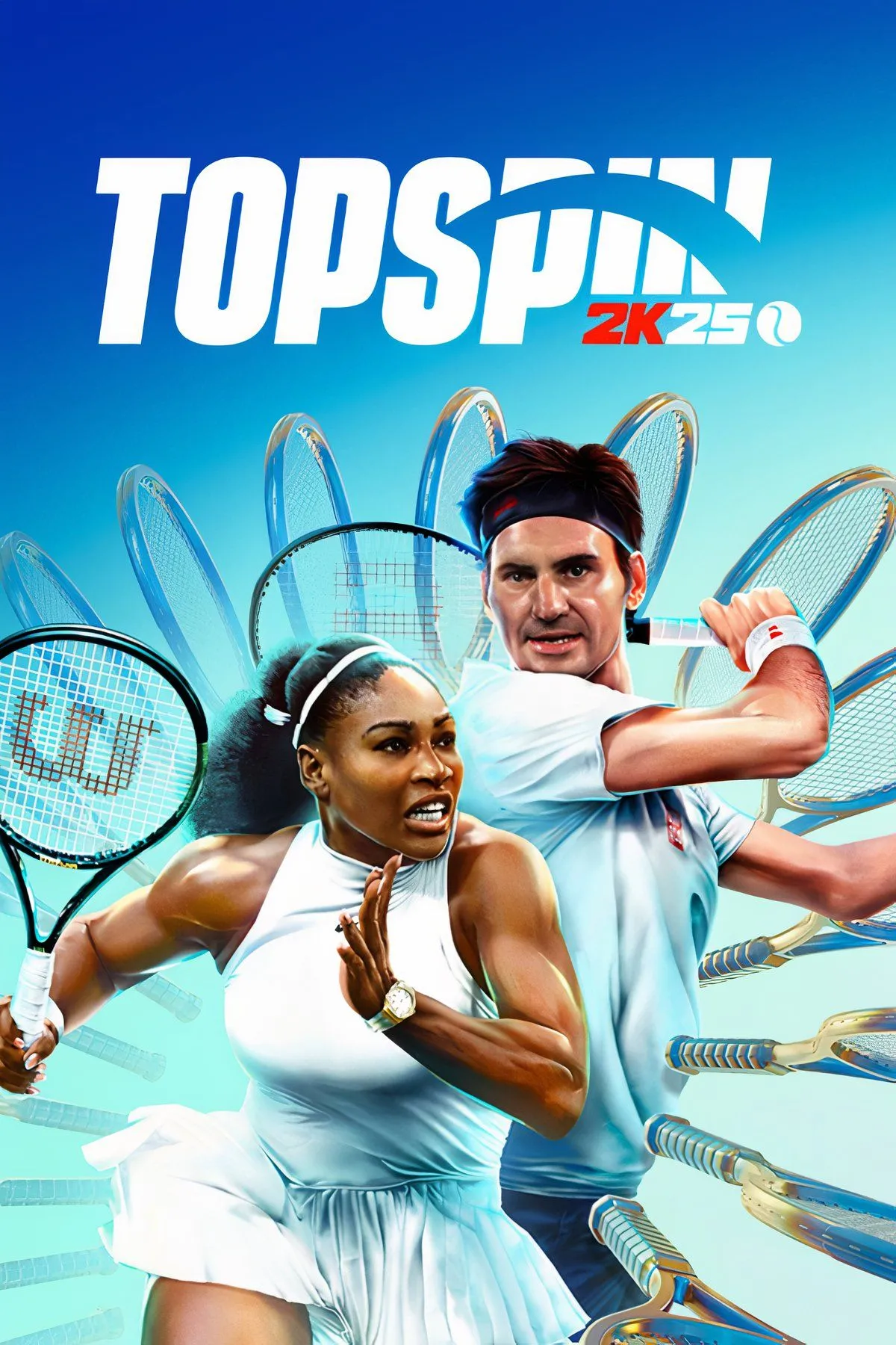 Cầu thủ quần vợt trong TopSpin 2K25 đang thực hiện cú giao bóng trên sân đất nện.