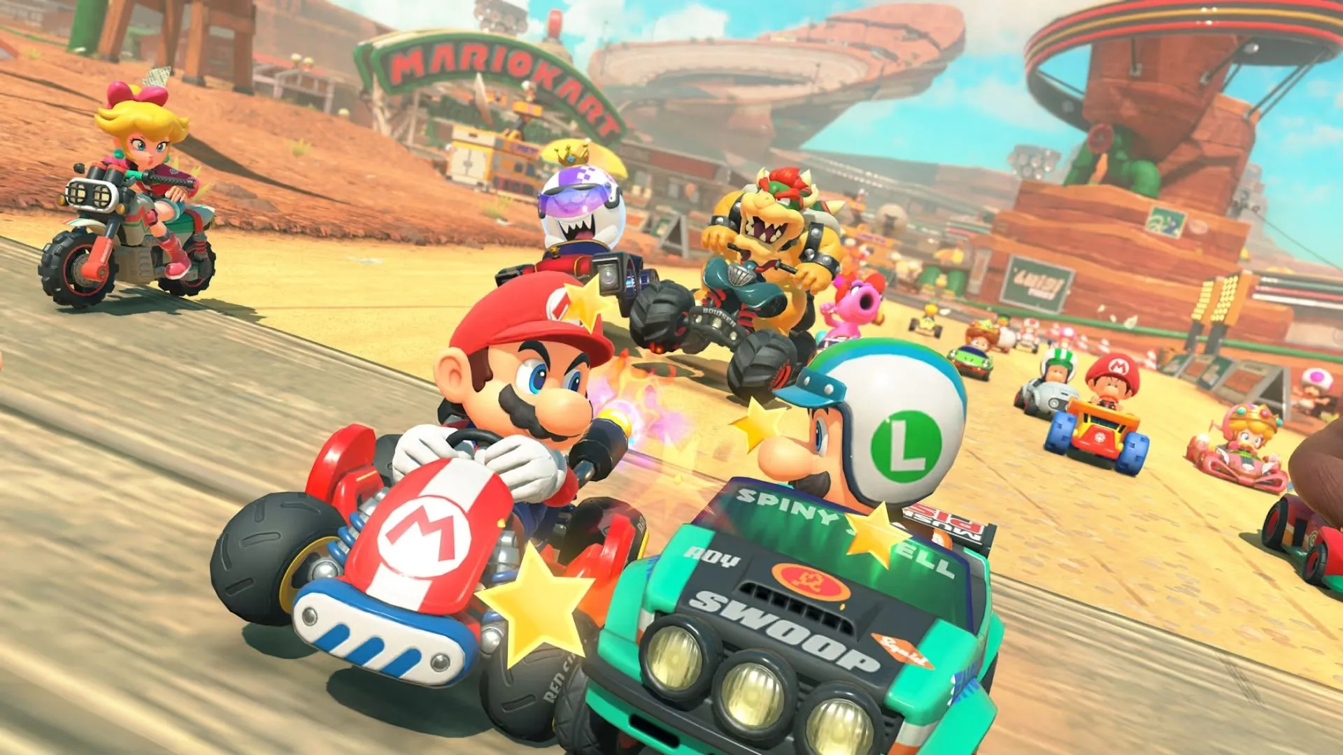 Chất lượng đồ họa của Mario Kart World với nhân vật Donkey Kong đang thực hiện kỹ năng đặc biệt trên đường đua