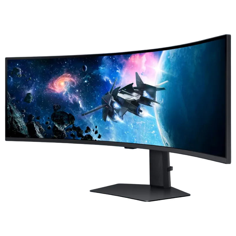 Chi tiết cổng kết nối và logo Samsung trên màn hình Odyssey G95C