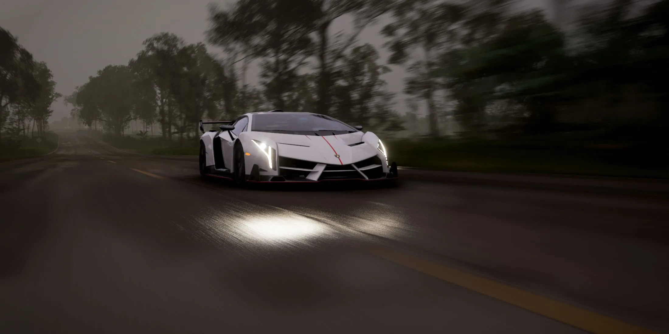 Chiếc Lamborghini Veneno siêu xe trên đường đua trong Forza Horizon 5, tượng trưng cho những chiếc xe độc đáo trong game.