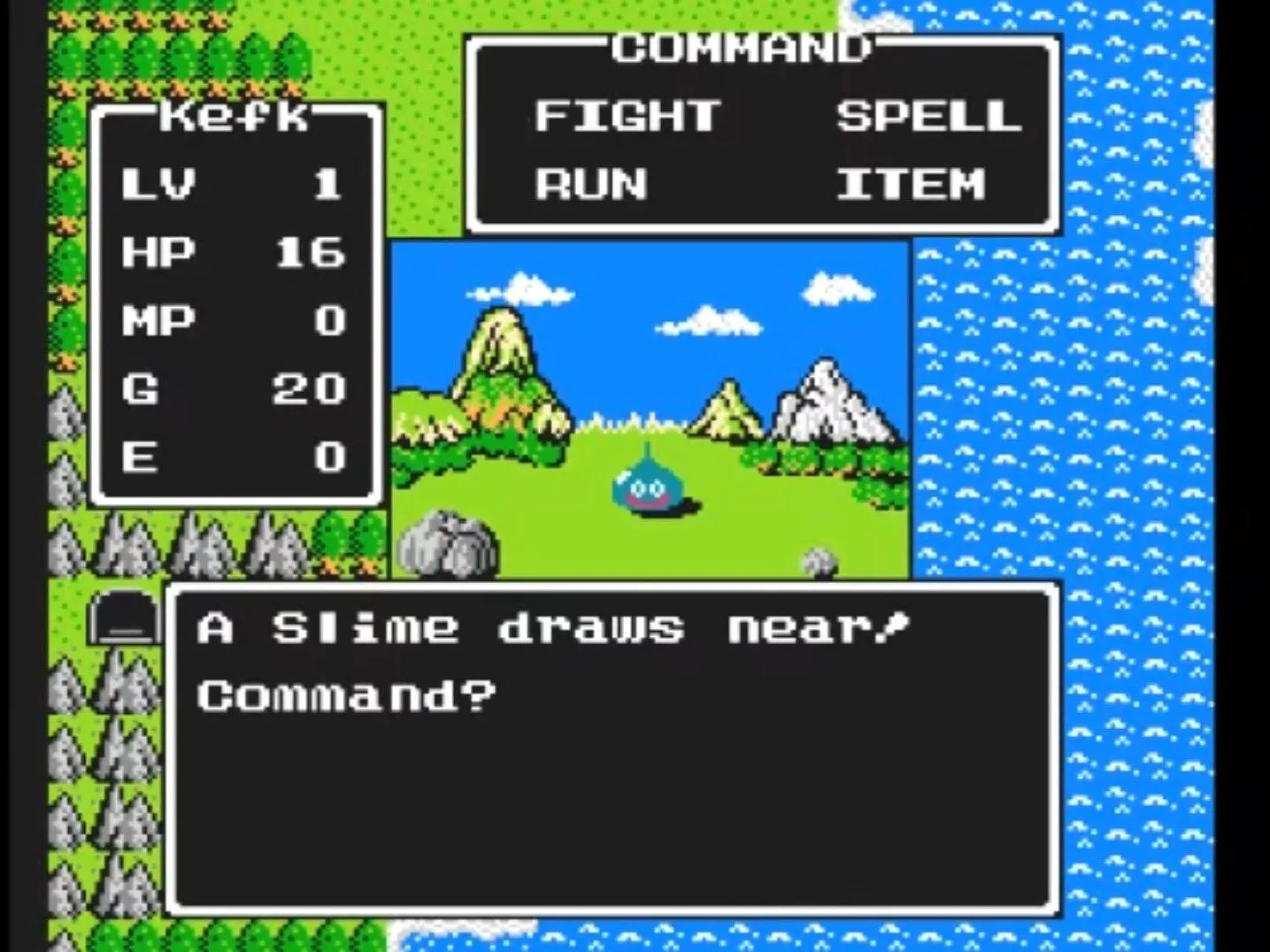 Chiến đấu với quái vật Slime trong game nhập vai Dragon Warrior trên NES