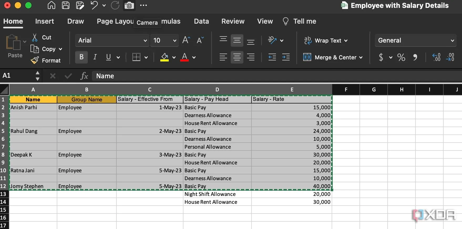 Chọn các ô dữ liệu trong Excel và nhấn nút Camera để chụp ảnh động