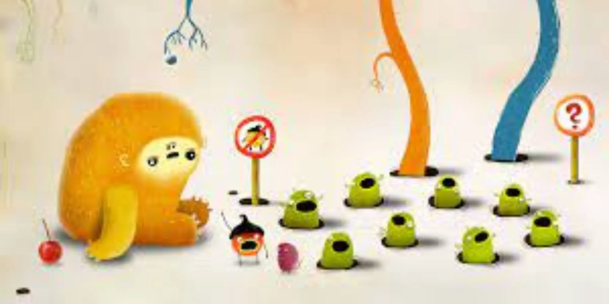 Chuchel đang trèo lên một cành cây lớn để cố gắng lấy quả cherry, minh họa một trong những thử thách trong game