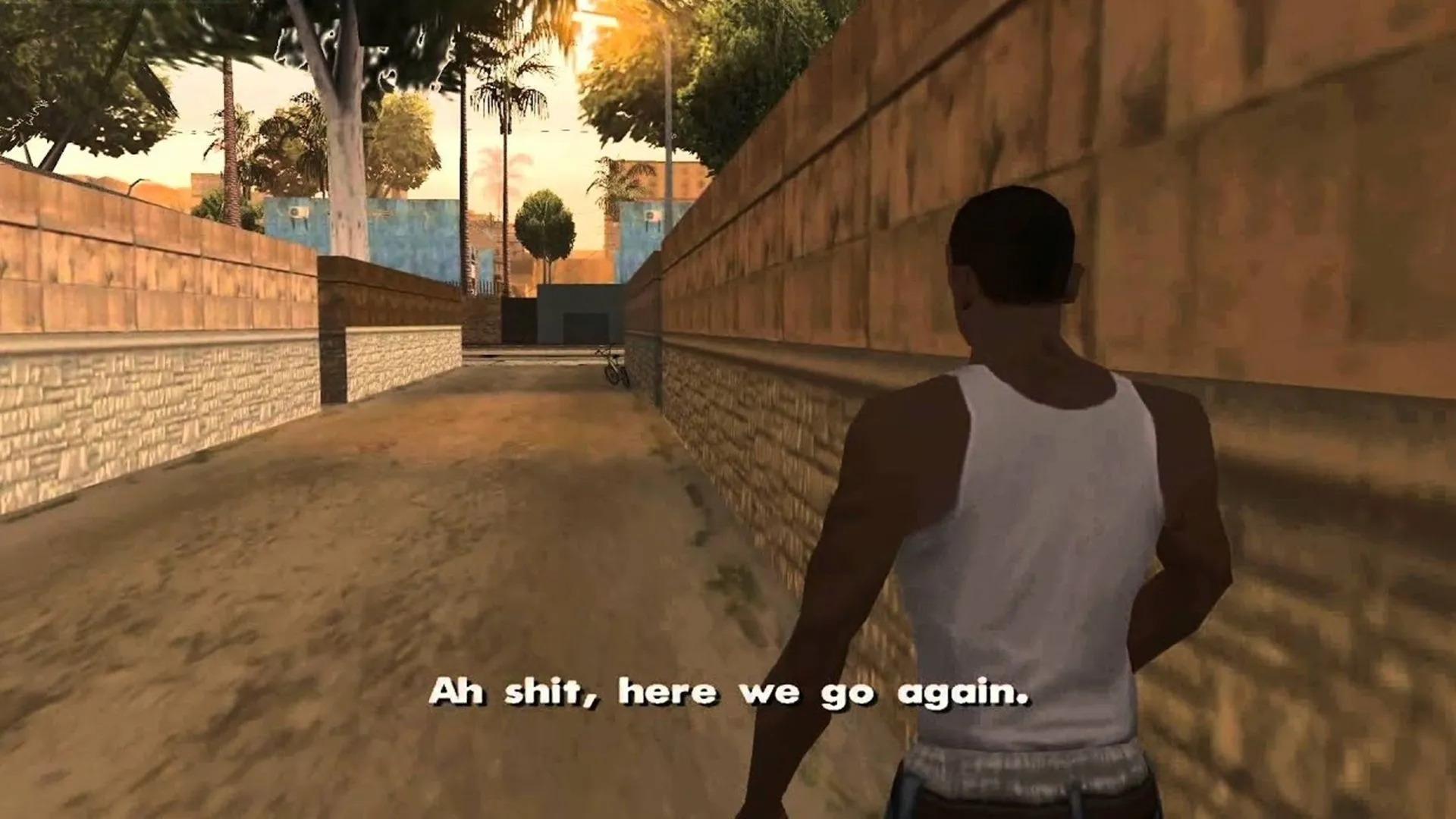 CJ nói "Ah shit... here we go again" trong cảnh mở đầu Grand Theft Auto San Andreas