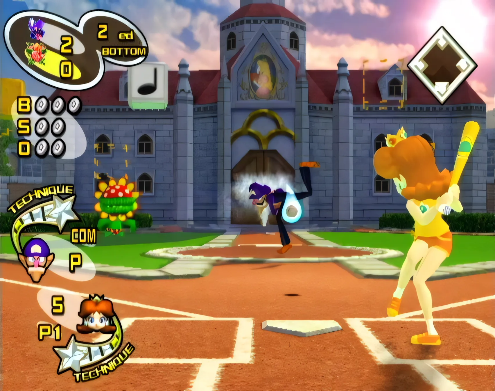 Công chúa Daisy chuẩn bị đánh bóng trong game Mario Superstar Baseball, một trong các game Mario GameCube hay nhất.