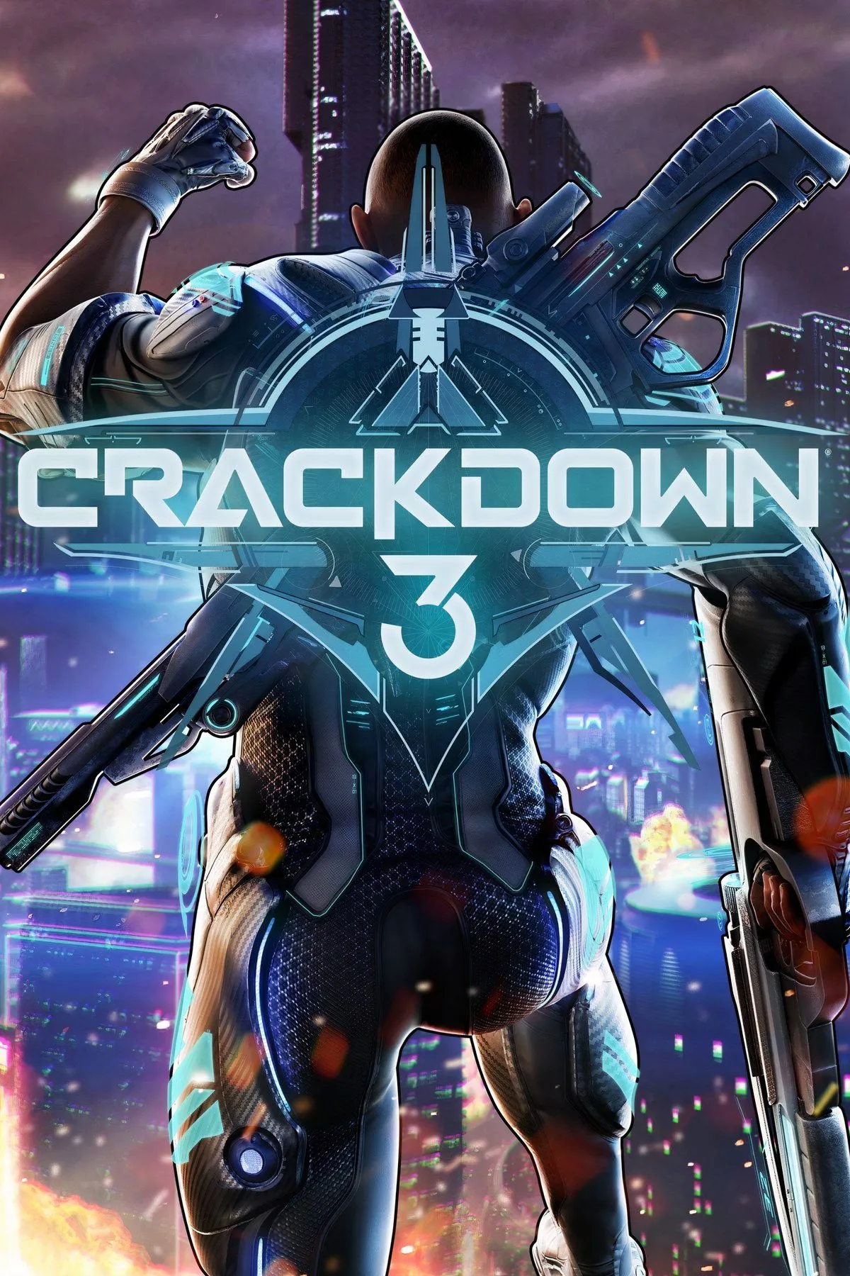 Crackdown 3 hiển thị nhân vật chính là một đặc vụ siêu cường, đang nhảy trên không trung giữa các tòa nhà trong một thành phố tương lai