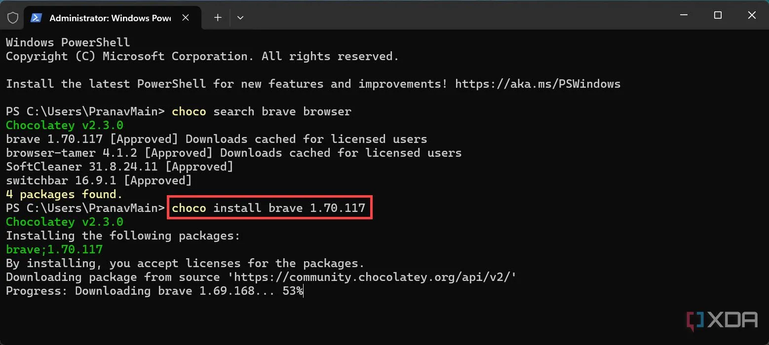 Cú pháp lệnh choco install để cài đặt trình duyệt Brave qua Chocolatey