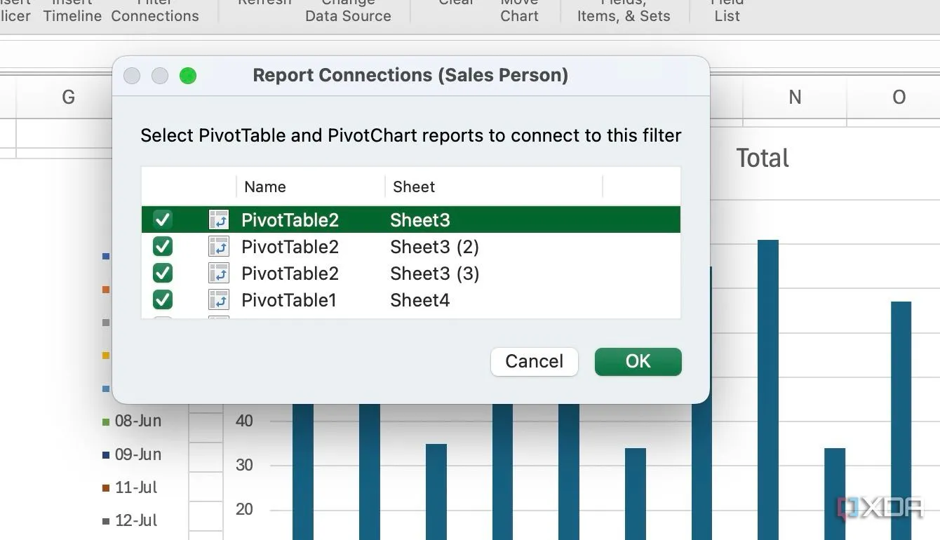 Cửa sổ Report Connections để chọn các PivotTable sẽ được lọc bởi Slicer