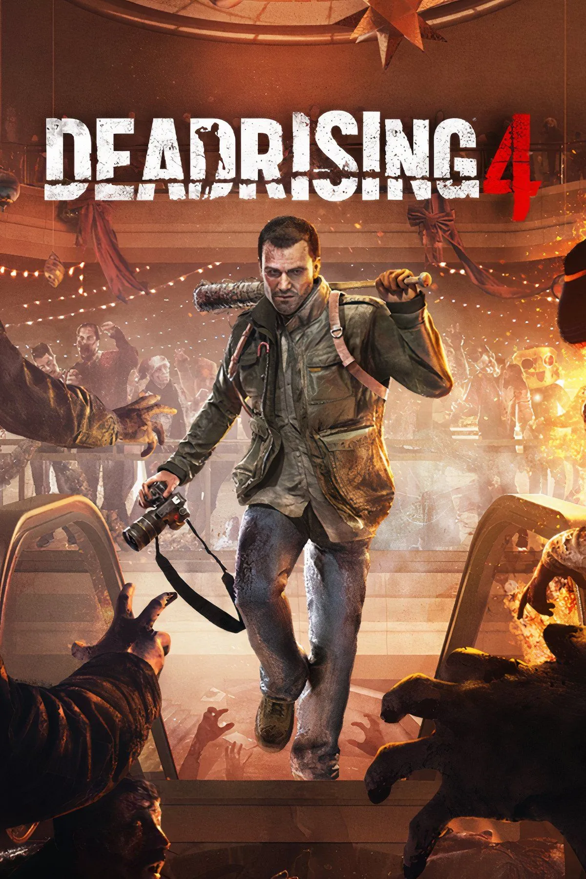 Dead Rising 4 hiển thị nhân vật Frank West chiến đấu giữa một đám zombie trong bối cảnh Giáng sinh, thể hiện sự hỗn loạn và không khí đặc trưng của game