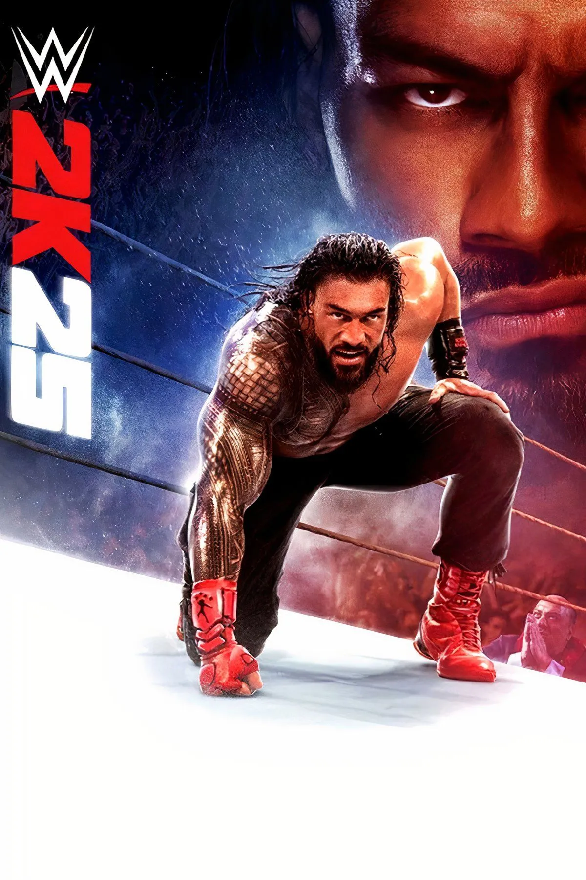Đĩa game WWE 2K25 với các đô vật trên bìa