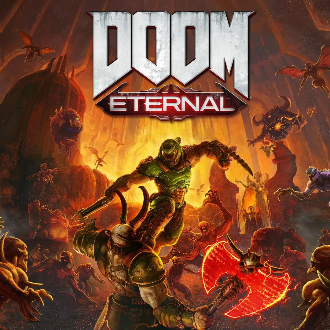 Doom Slayer trong bộ giáp biểu tượng, sẵn sàng chiến đấu với bầy quỷ trong tựa game hành động tốc độ cao DOOM Eternal.
