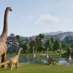 Du khách tham quan khu trưng bày khủng long trong Jurassic World Evolution 3