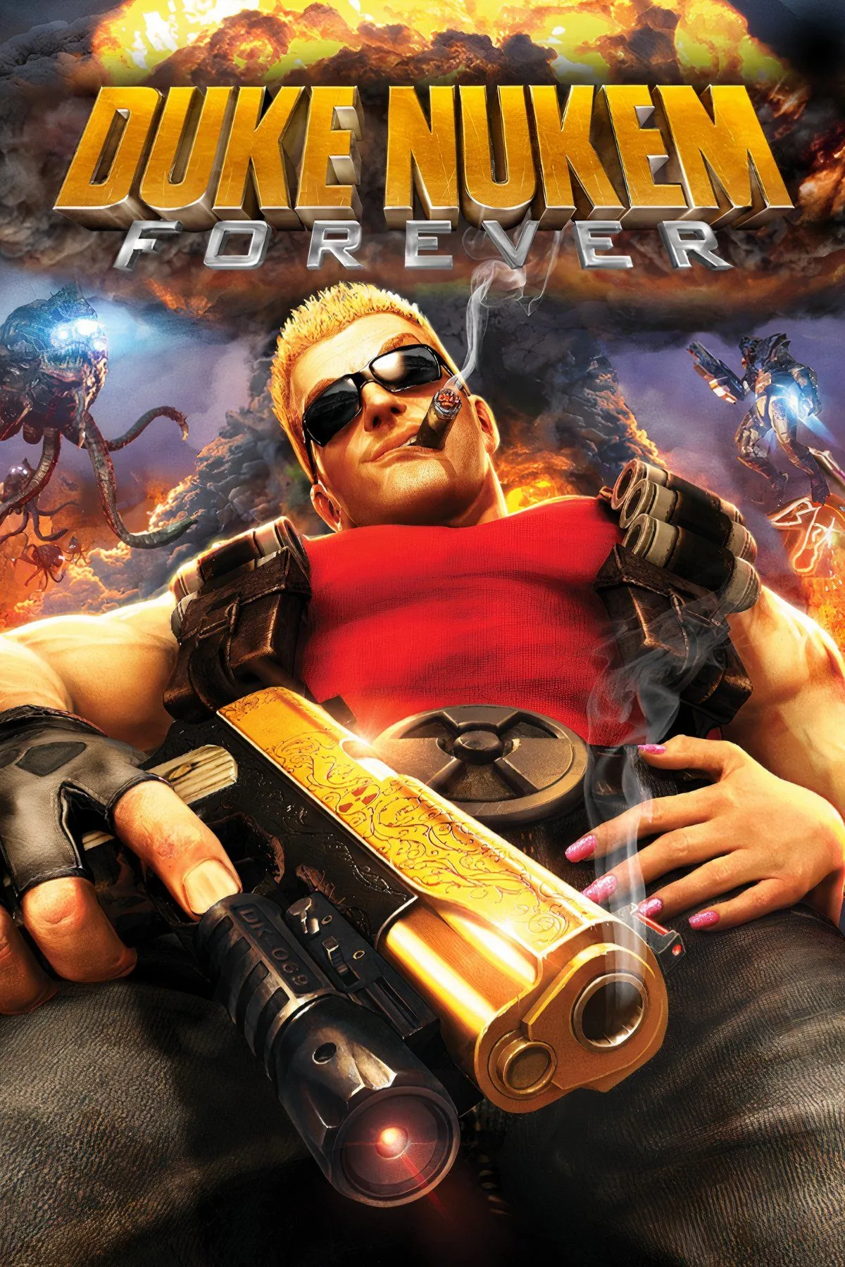 Duke Nukem Forever hiển thị nhân vật chính Duke Nukem đứng trên một chiếc xe địa hình, với một vũ khí lớn và một cảnh tượng hỗn loạn sau lưng, thể hiện phong cách hành động quen thuộc