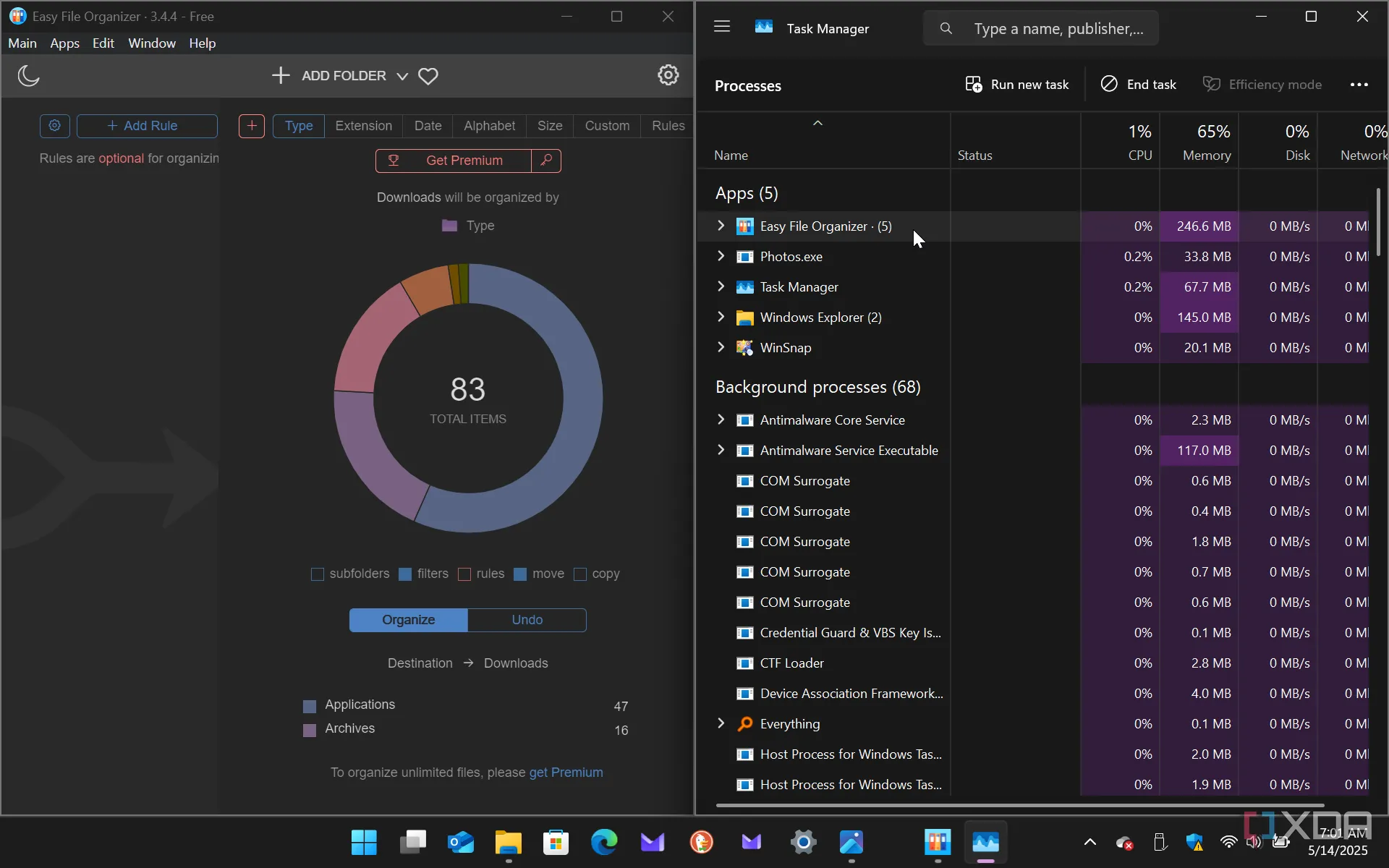 Easy File Organizer đang chạy với Task Manager hiển thị tài nguyên hệ thống thấp