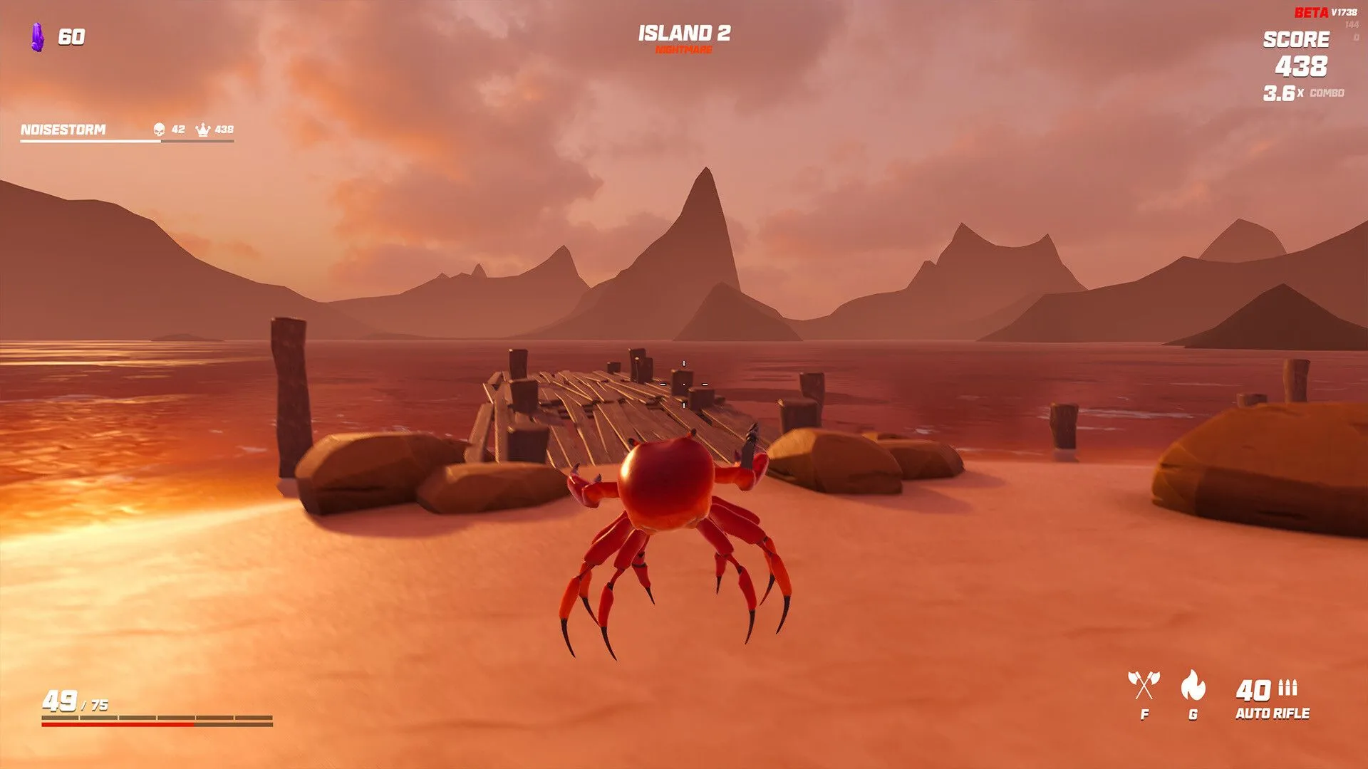 Game Crab Champions với hình ảnh cua bay trên bãi biển, thể loại indie game hành động độc đáo
