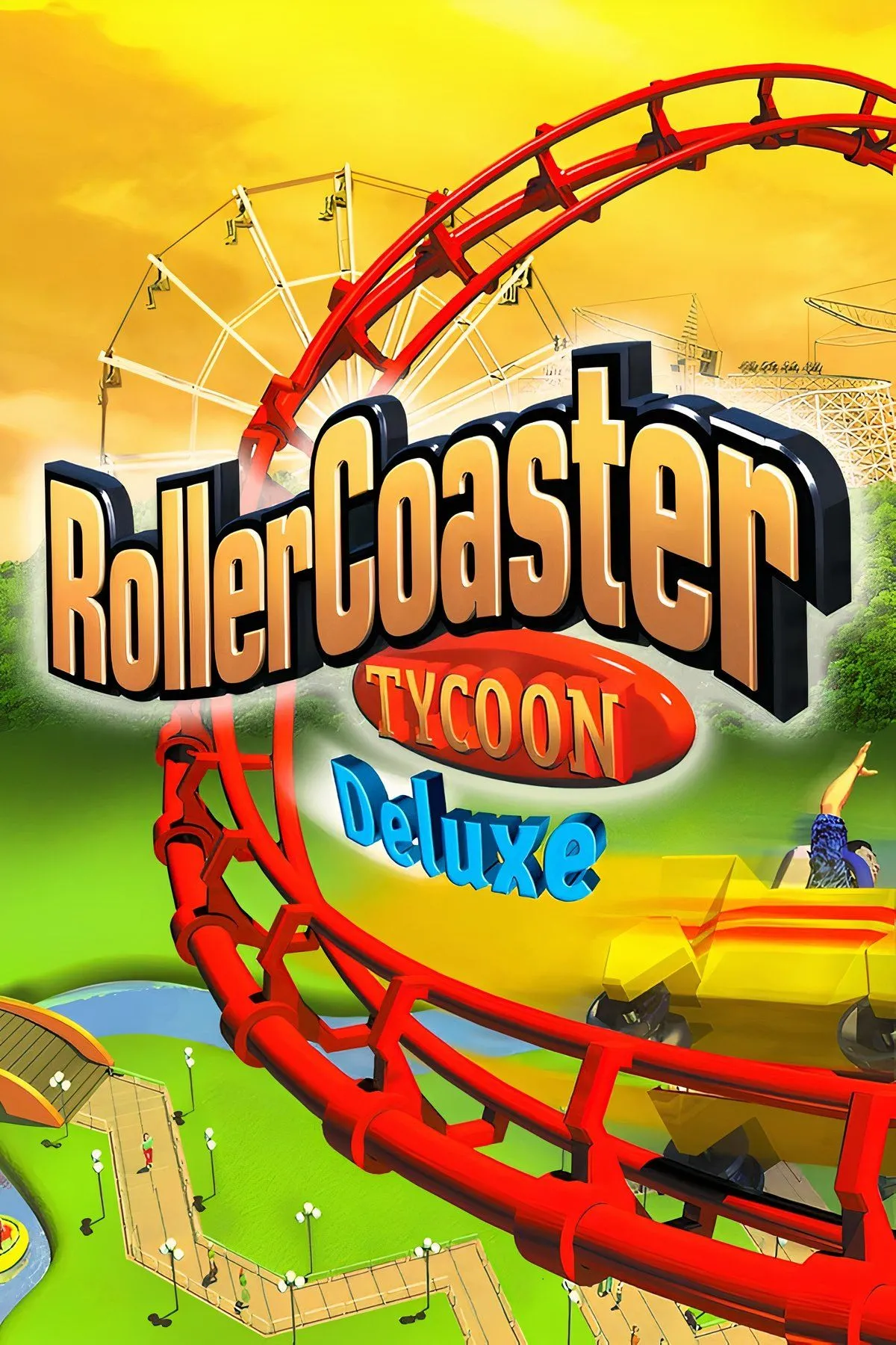 Game RollerCoaster Tycoon với tàu lượn và cảnh quan đặc trưng