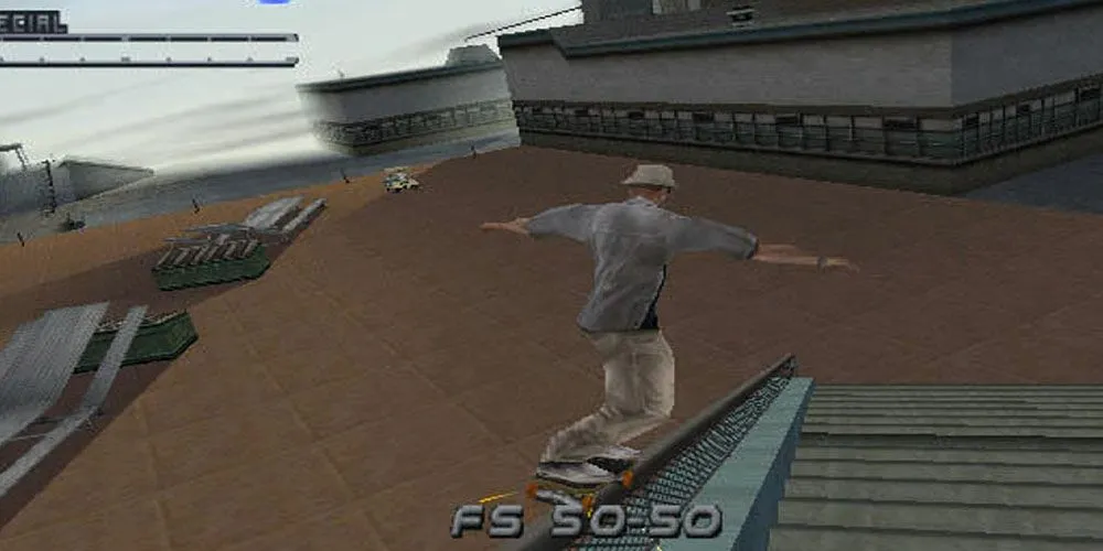 Game Tony Hawk's Pro Skater 2 với một skater đang thực hiện động tác &quot;grinding&quot; trên thanh lan can sắt