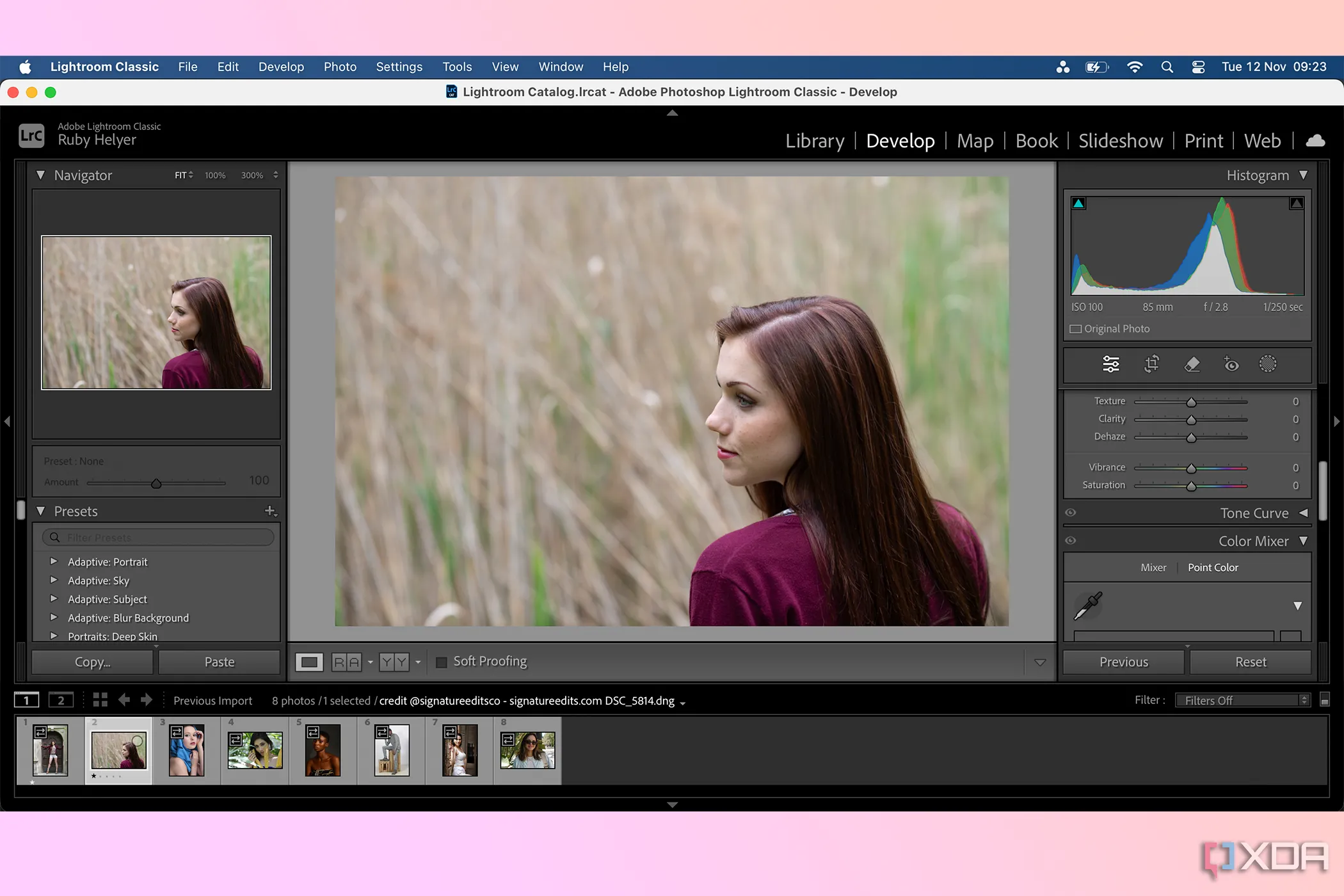 Giao diện Adobe Lightroom đang mở, hiển thị các tệp ảnh RAW được xử lý trên SSD di động.