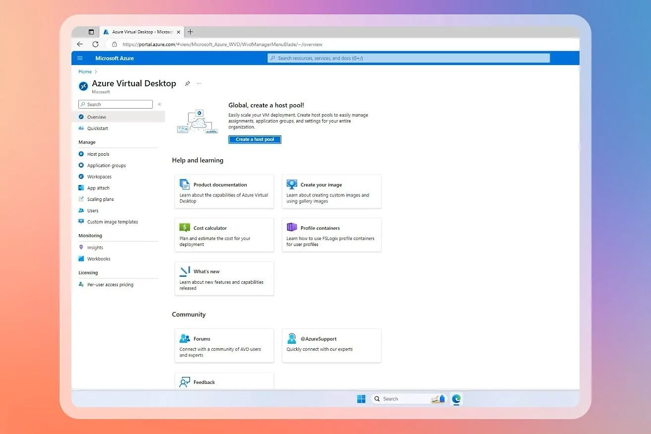 Giao diện Azure Virtual Desktop, minh họa môi trường máy ảo có nguy cơ gặp lỗi cập nhật Windows 11