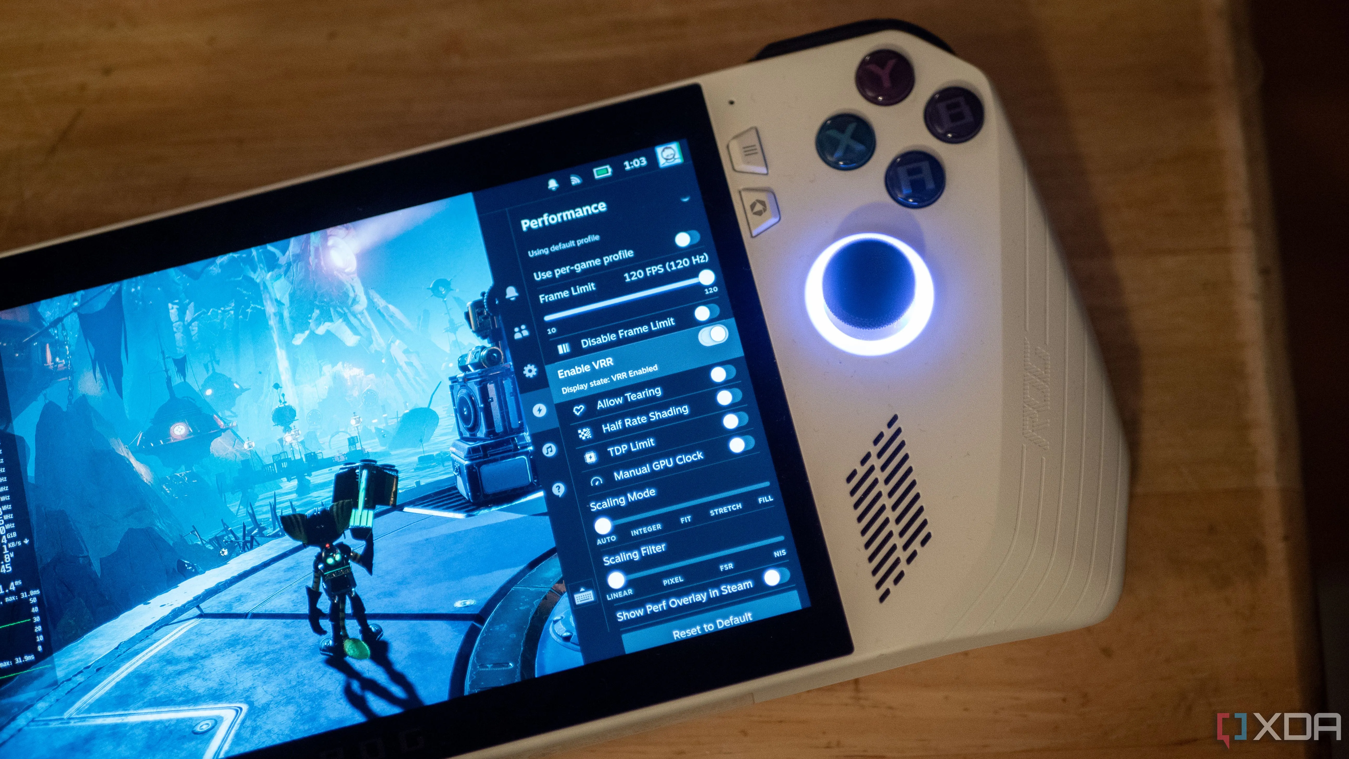 Giao diện Bazzite (SteamOS) hiển thị các cài đặt tối ưu cho Asus ROG Ally, bao gồm VRR và hiệu suất.
