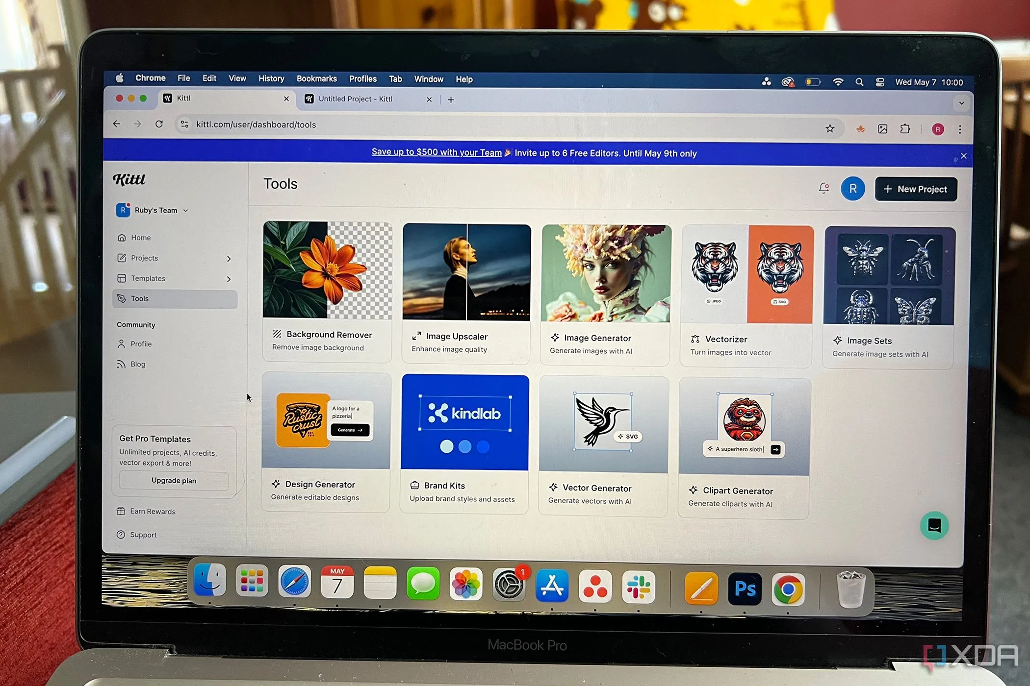 Giao diện các công cụ và tính năng AI trong Kittl, bao gồm trình tạo vector, xóa nền, và các tùy chọn AI khác giúp tối ưu quy trình thiết kế.